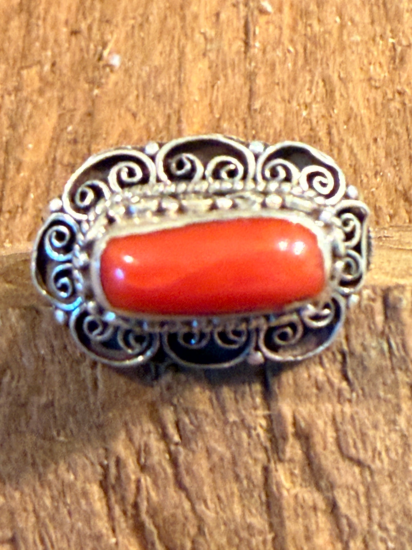 Mediterranean Red Coral Sterling Silver Ring Size 7 Wild West Boho