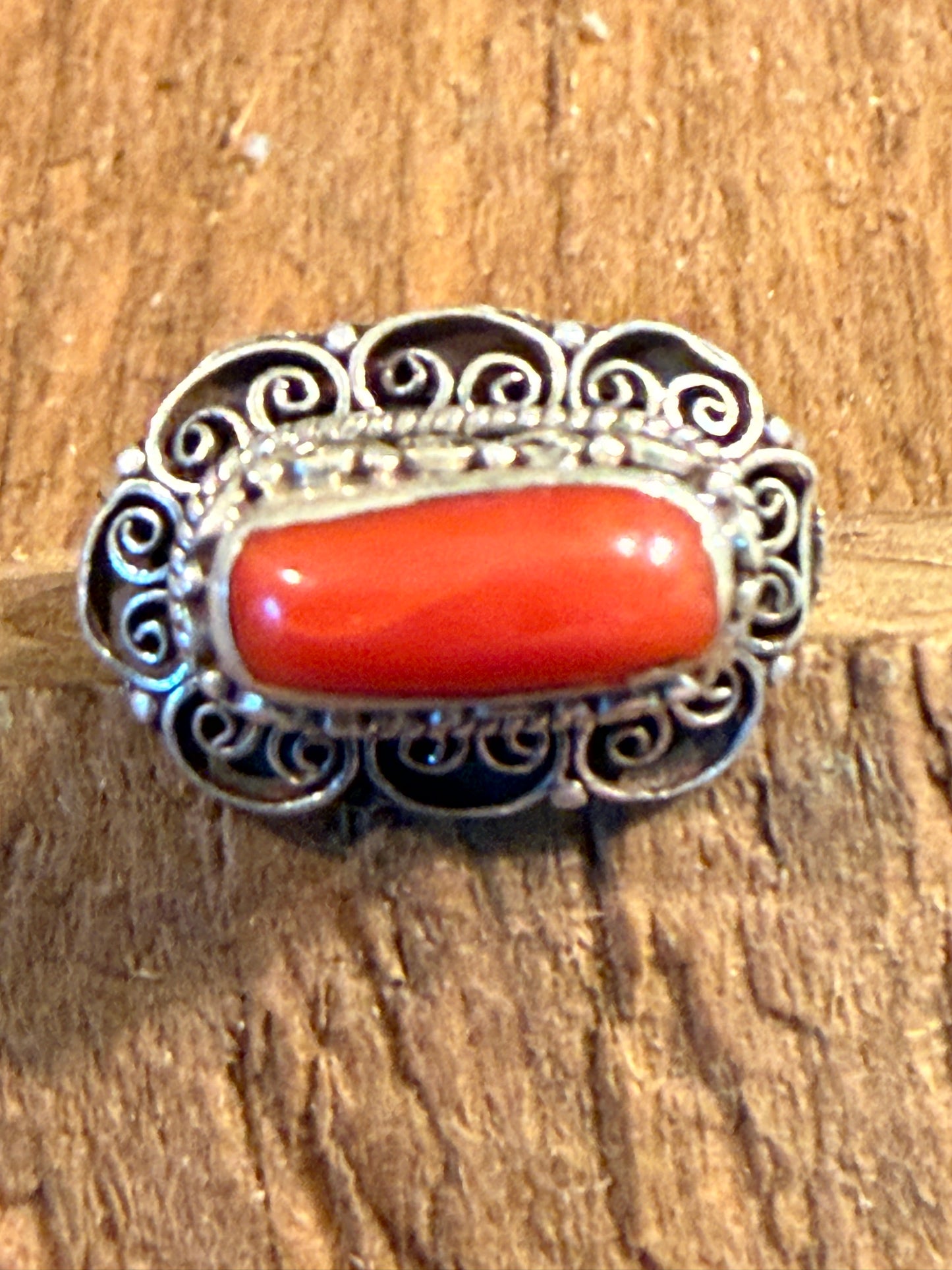 Mediterranean Red Coral Sterling Silver Ring Size 7 Wild West Boho