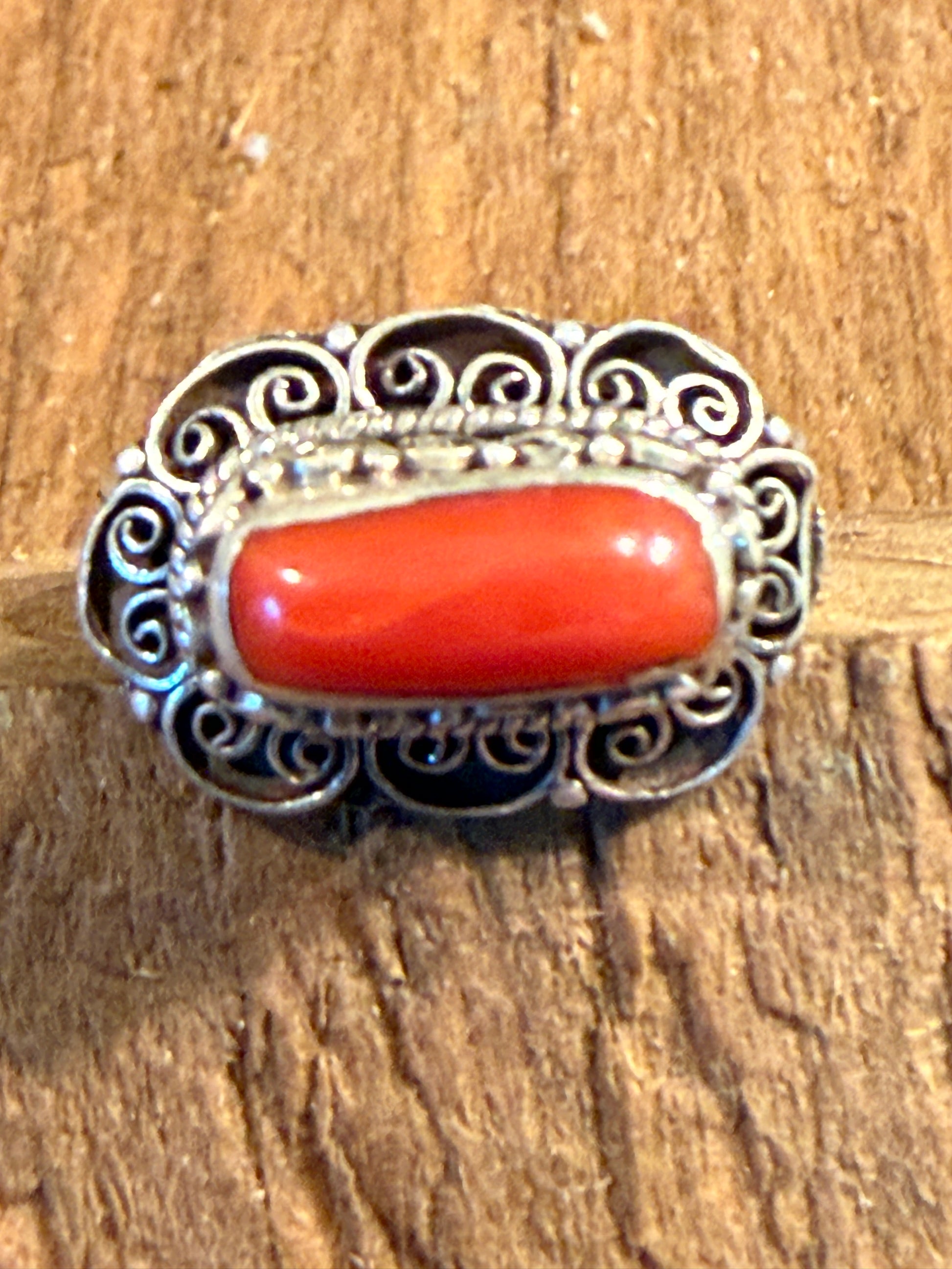 Mediterranean Red Coral Sterling Silver Ring Size 7 Wild West Boho