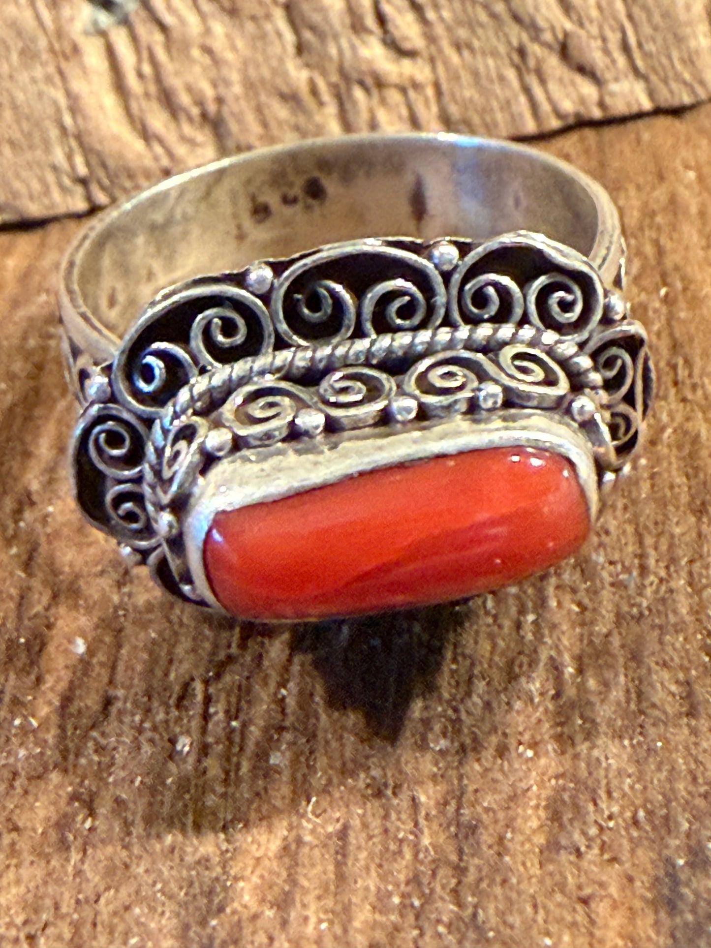 Mediterranean Red Coral Sterling Silver Ring Size 7 Wild West Boho