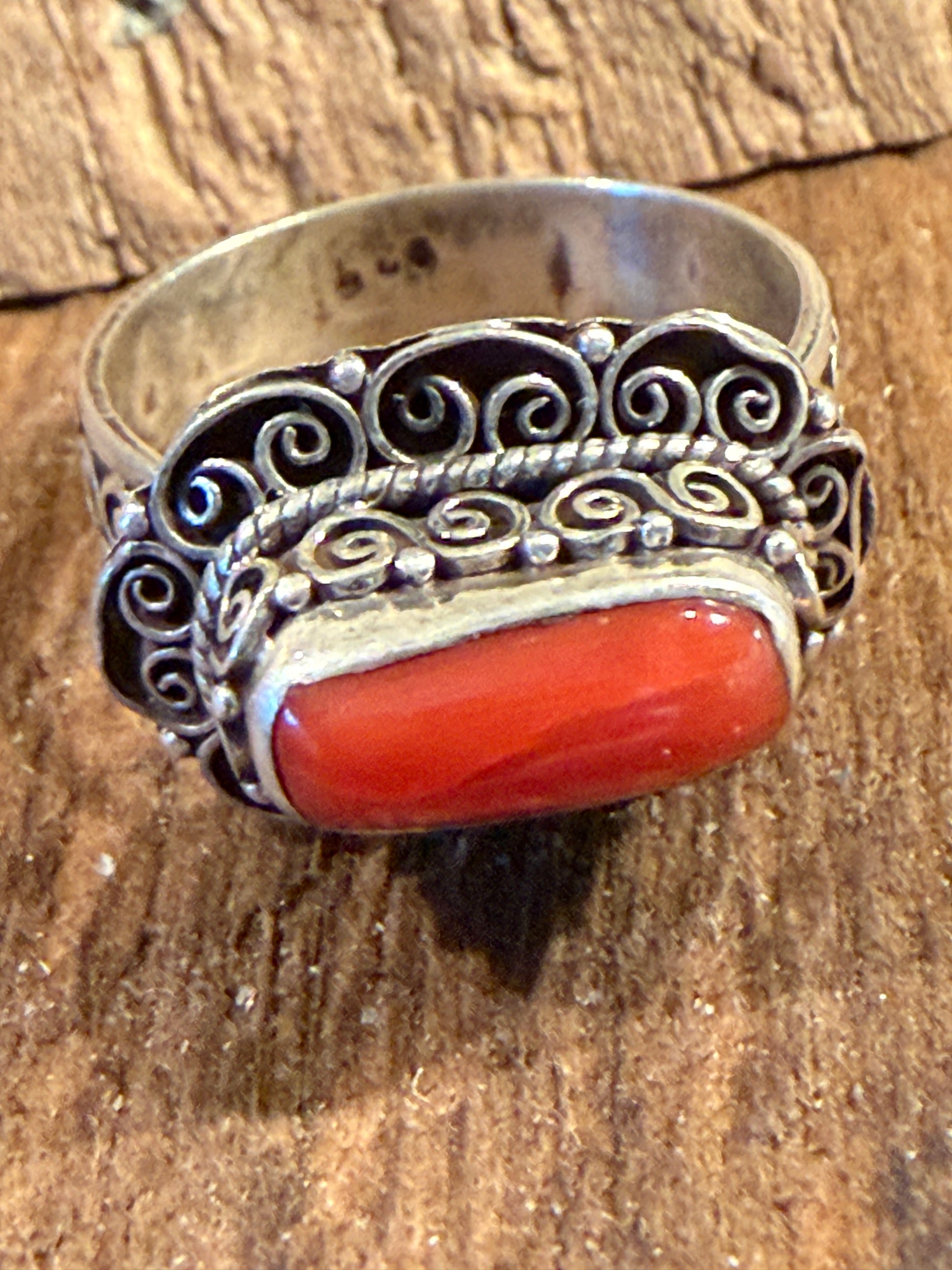 Mediterranean Red Coral Sterling Silver Ring Size 7 Wild West Boho