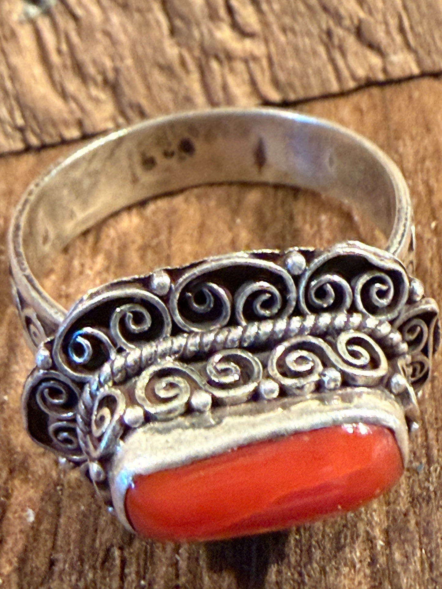 Mediterranean Red Coral Sterling Silver Ring Size 7 Wild West Boho