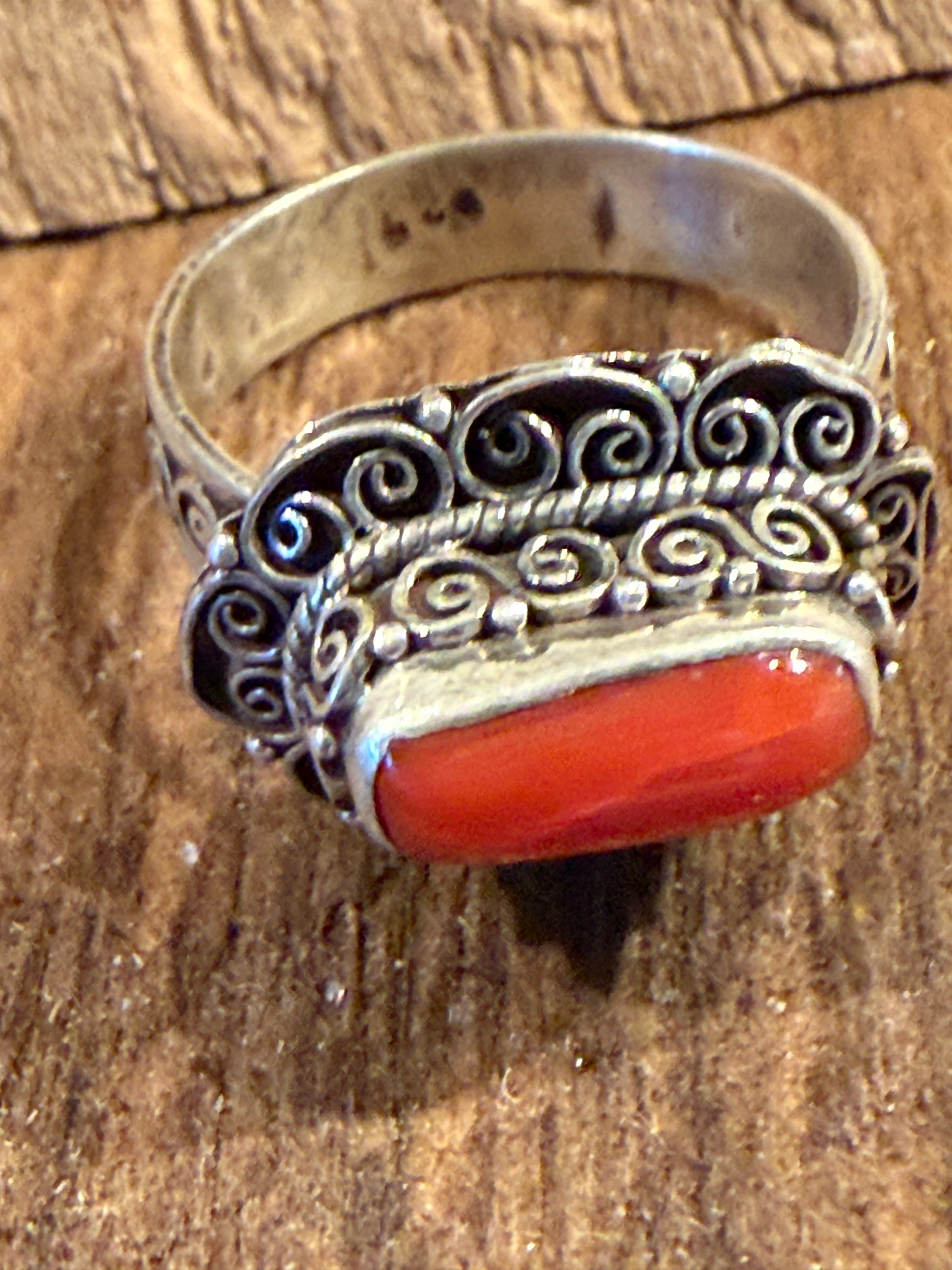 Mediterranean Red Coral Sterling Silver Ring Size 7 Wild West Boho