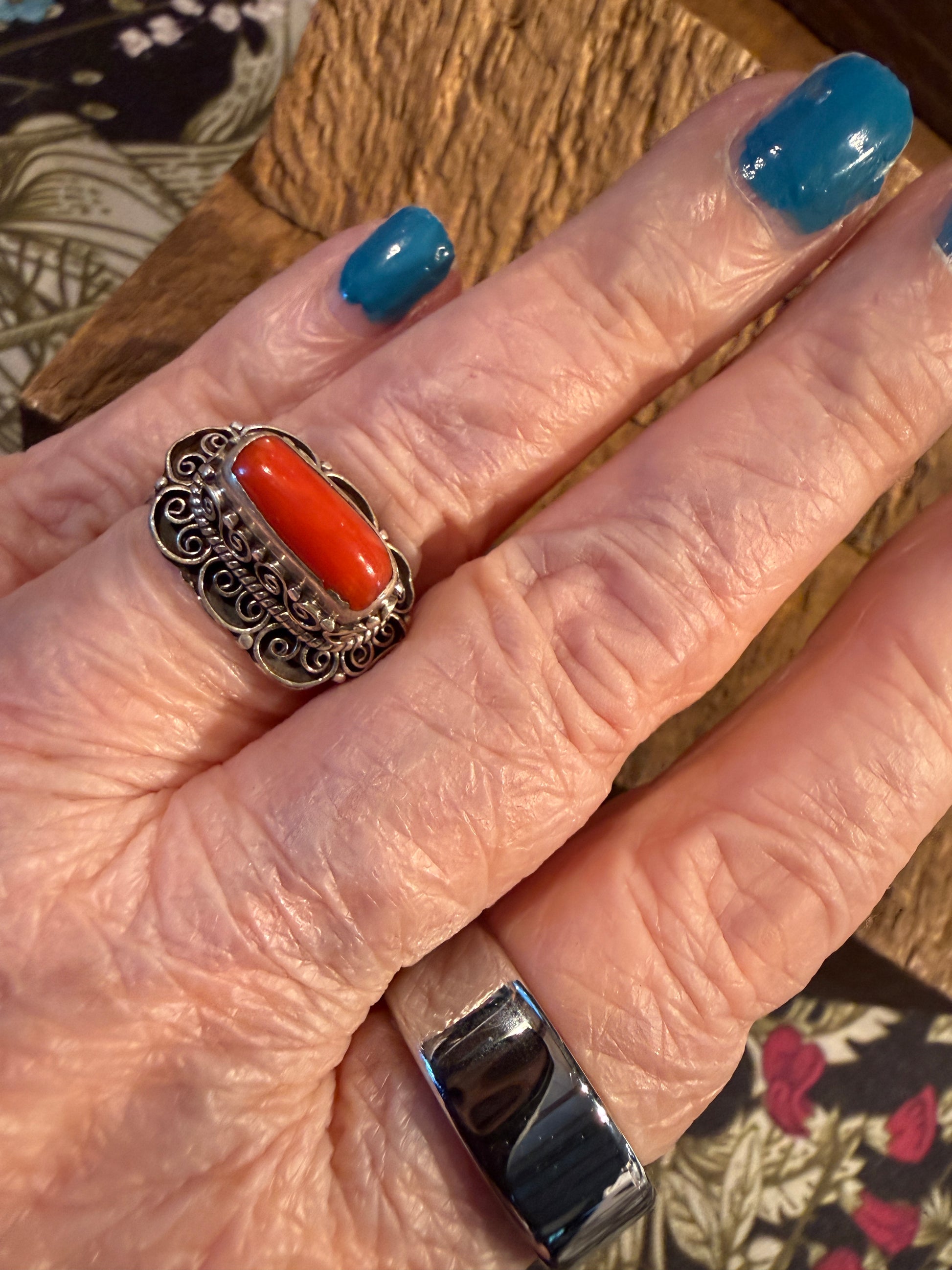 Mediterranean Red Coral Sterling Silver Ring Size 7 Wild West Boho