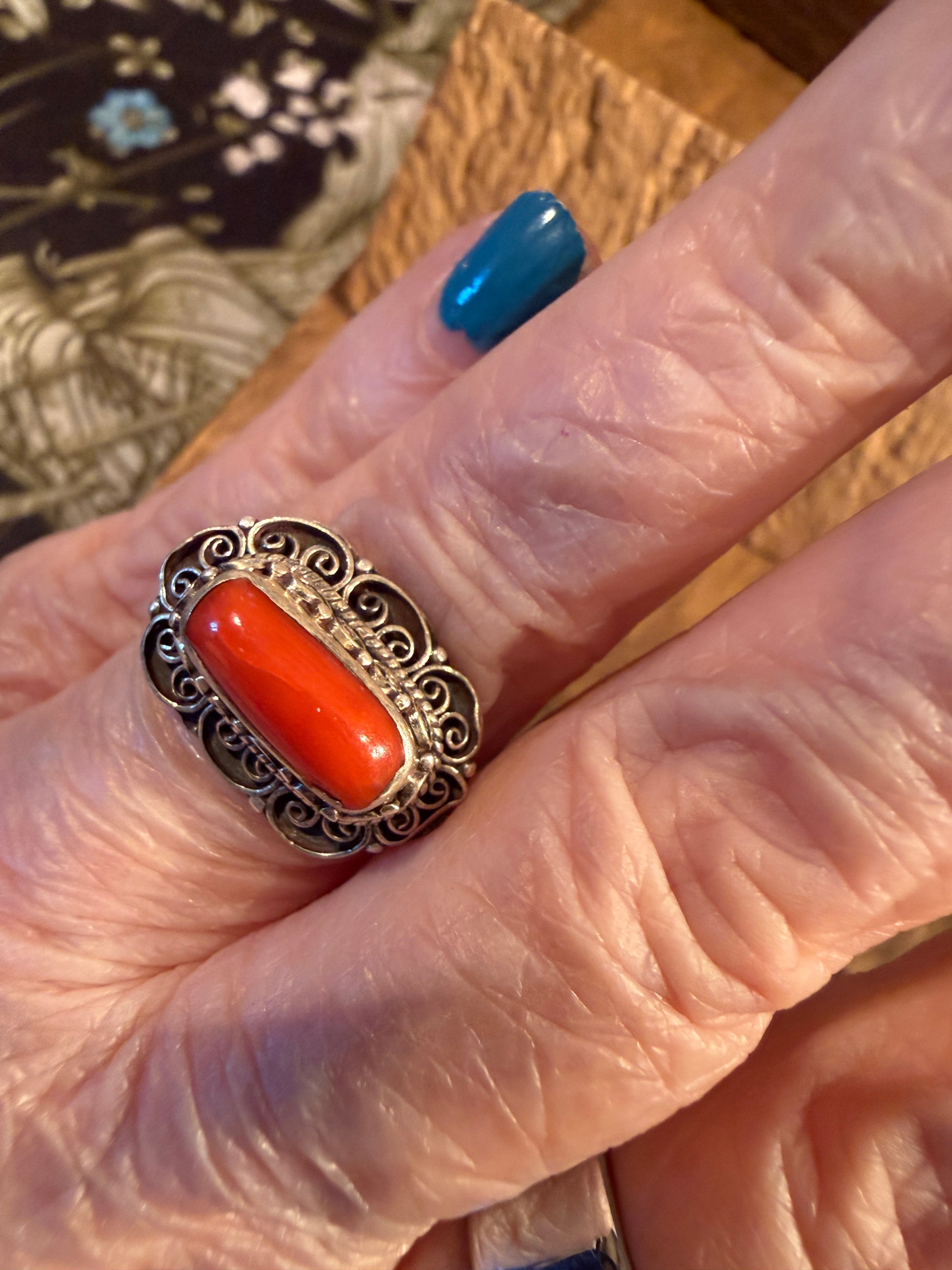 Mediterranean Red Coral Sterling Silver Ring Size 7 Wild West Boho