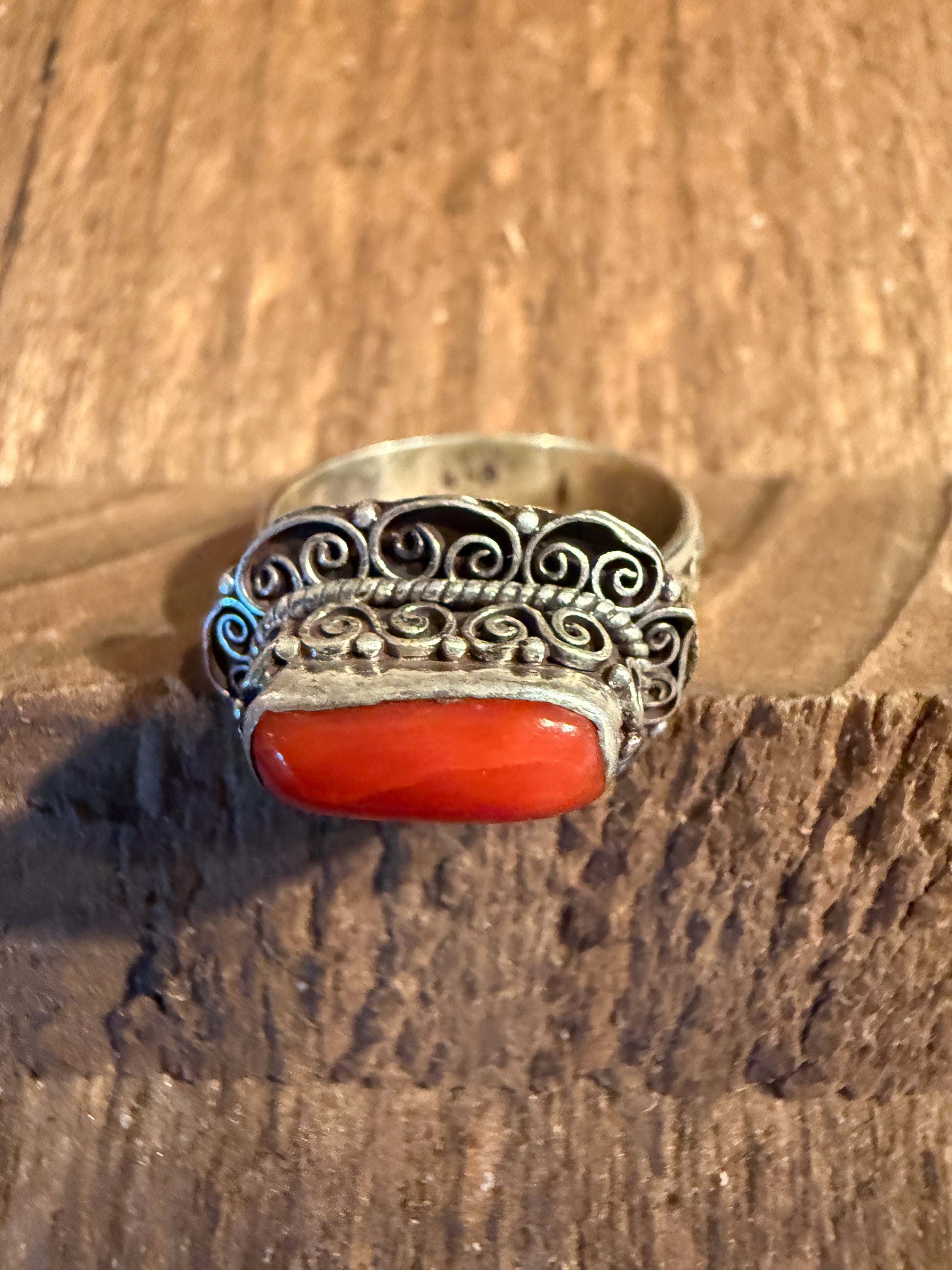 Mediterranean Red Coral Sterling Silver Ring Size 7 Wild West Boho