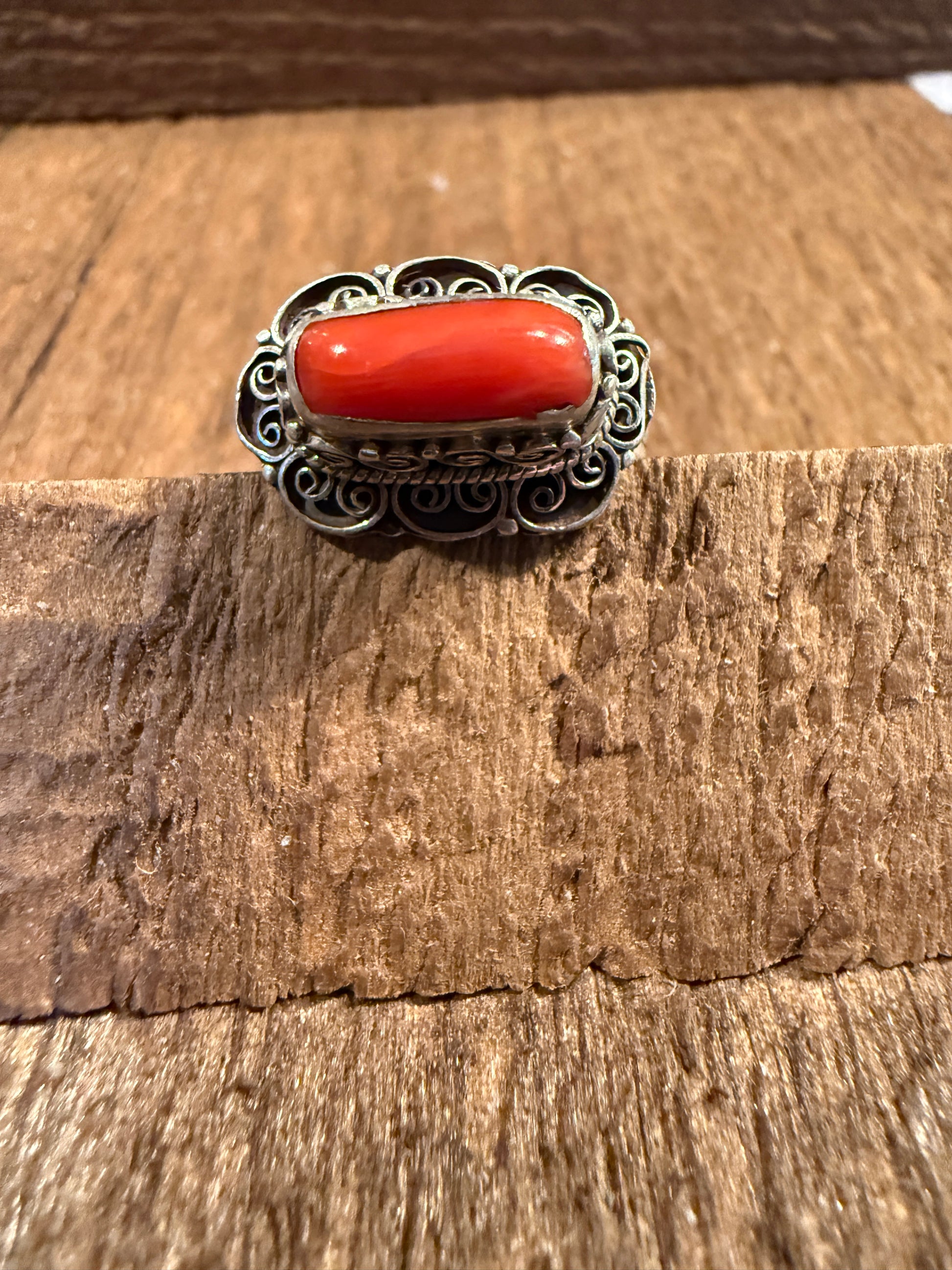 Mediterranean Red Coral Sterling Silver Ring Size 7 Wild West Boho