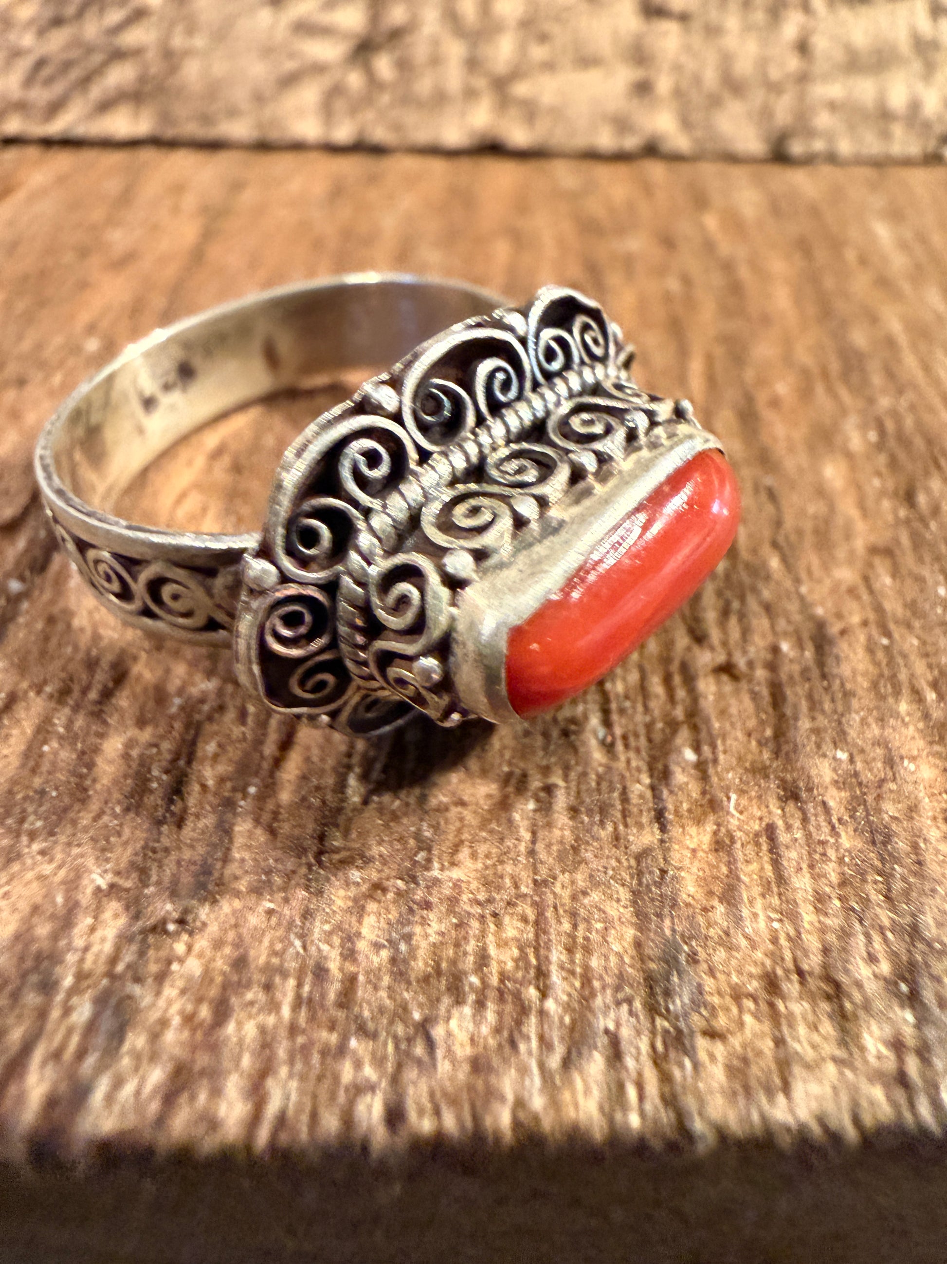 Mediterranean Red Coral Sterling Silver Ring Size 7 Wild West Boho