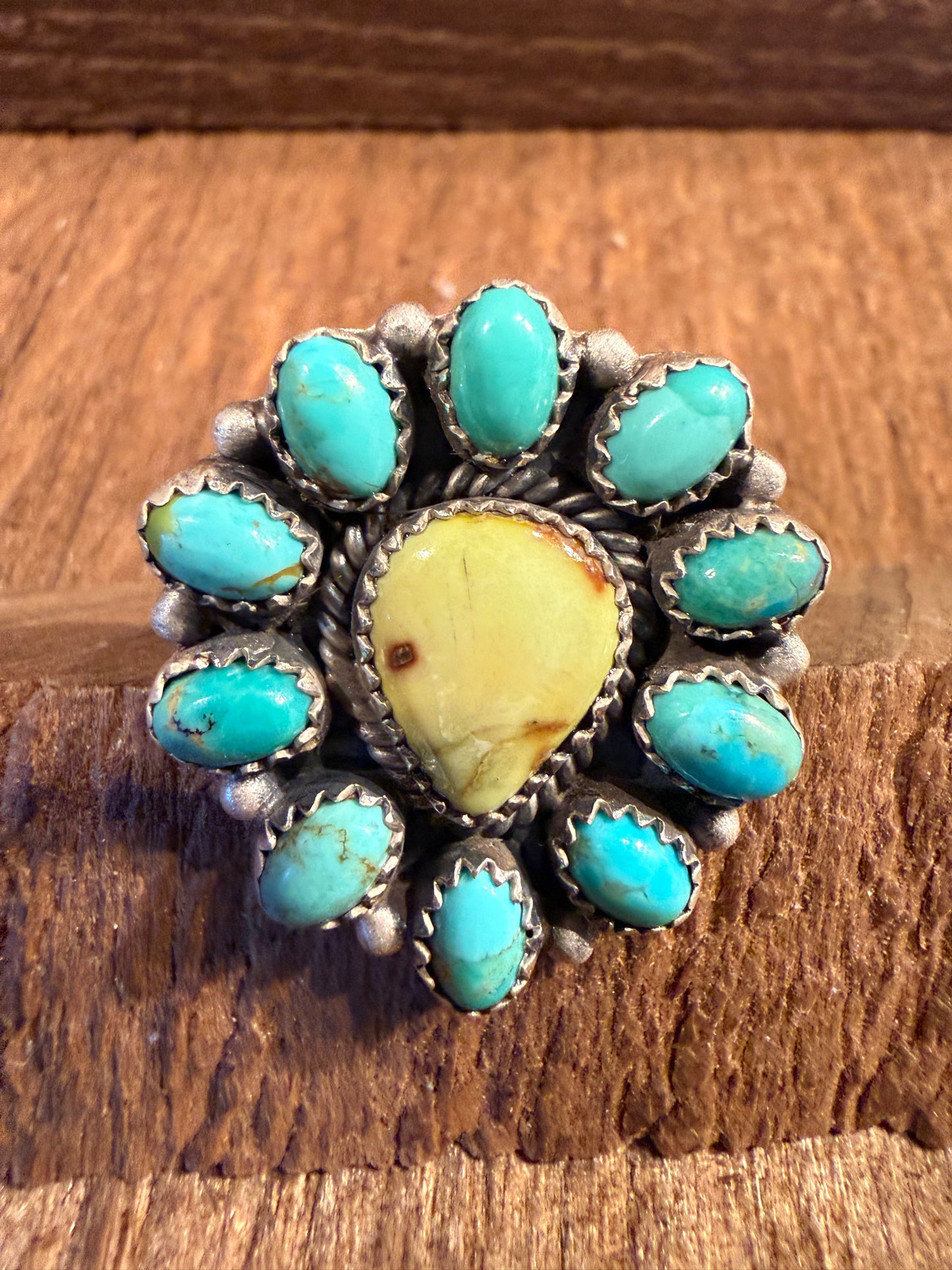 Kingman Turquoise and Paloma Turquoise Cluster Adjustable Ring Wild West Boho