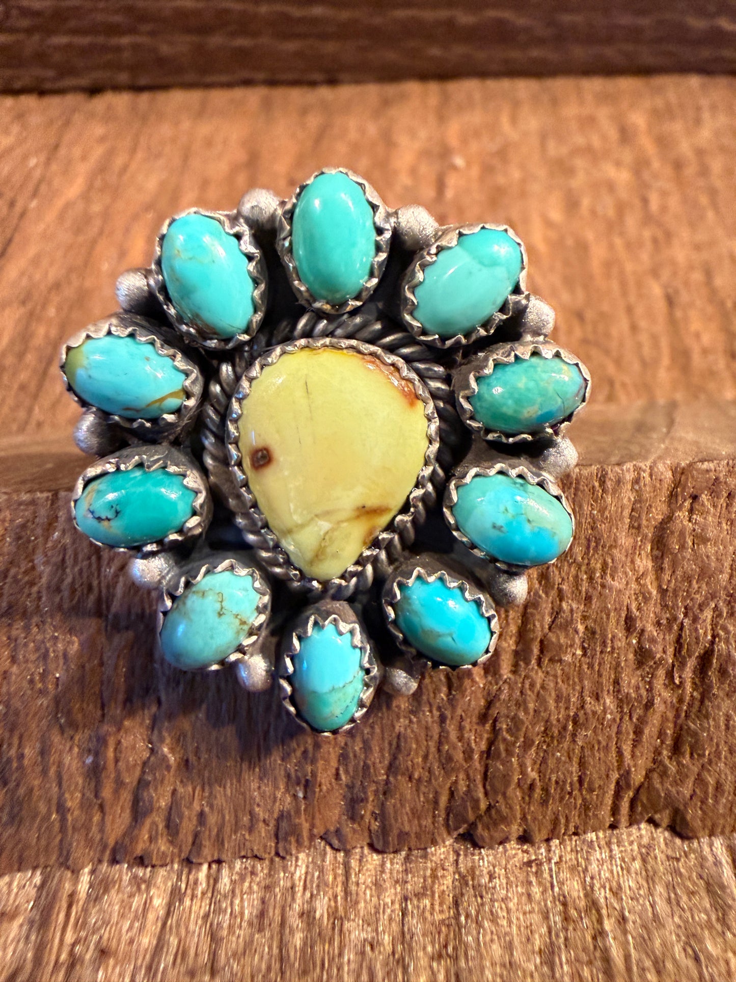 Kingman Turquoise and Paloma Turquoise Cluster Adjustable Ring Wild West Boho