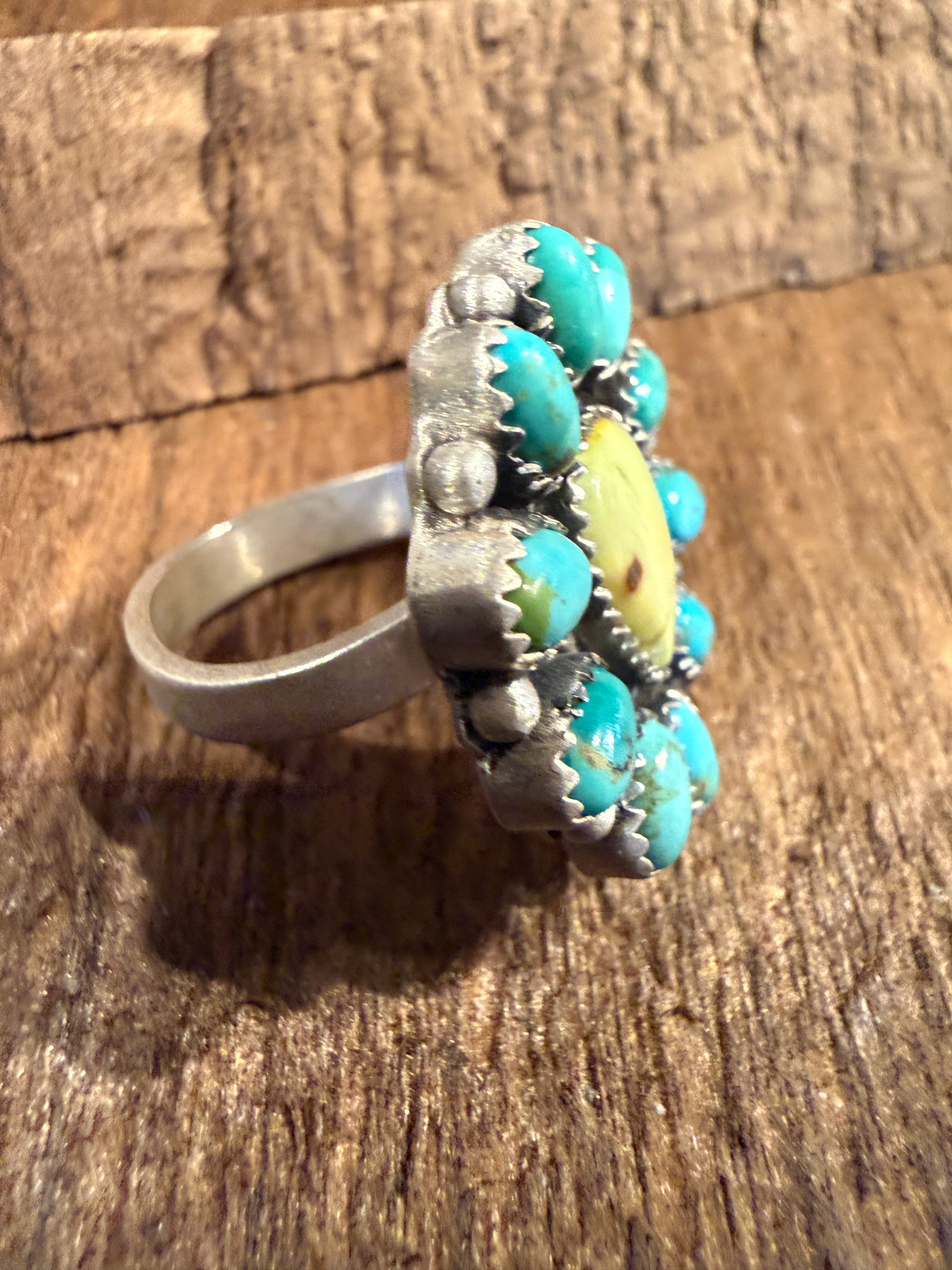 Kingman Turquoise and Paloma Turquoise Cluster Adjustable Ring Wild West Boho