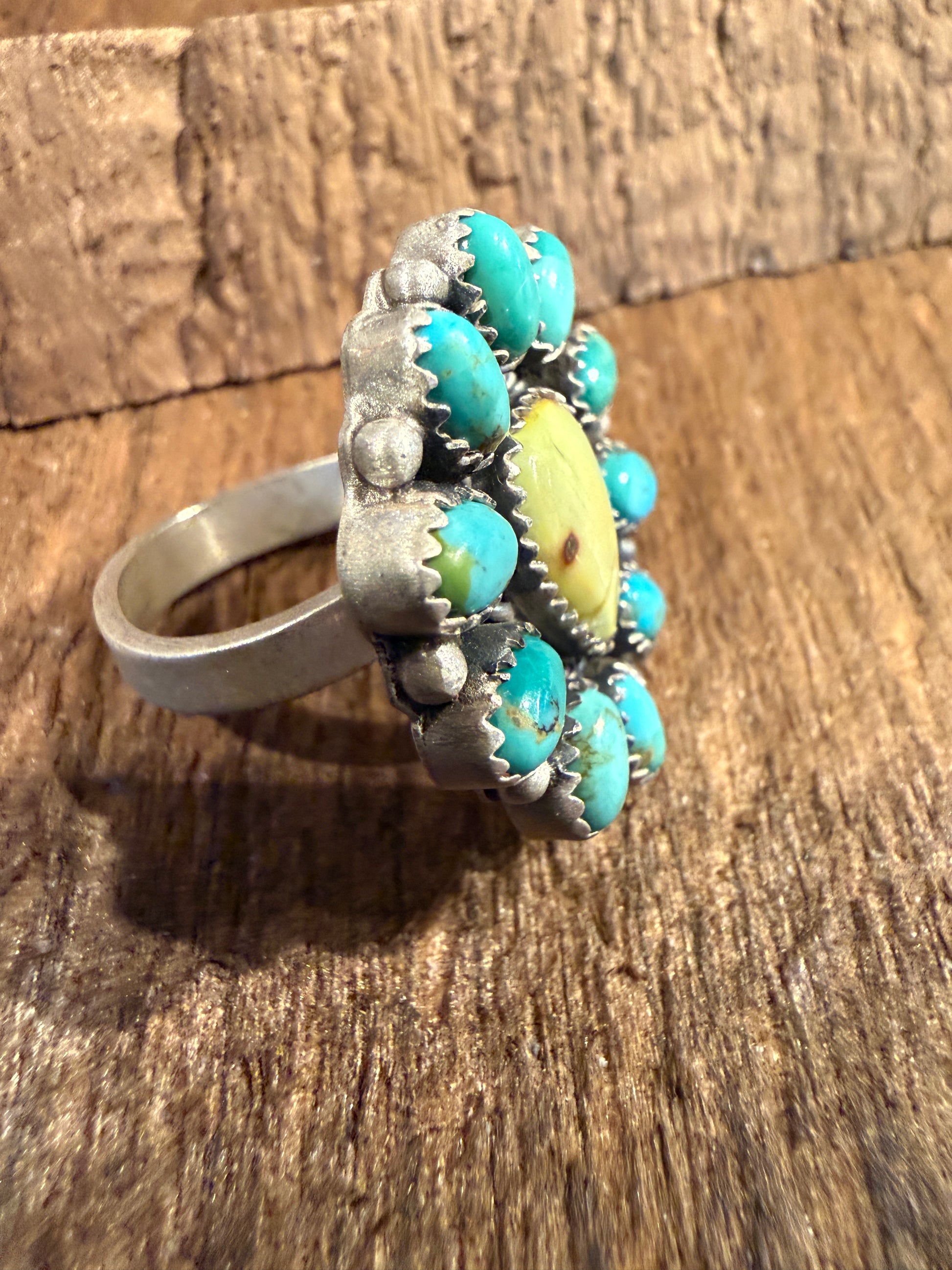 Kingman Turquoise and Paloma Turquoise Cluster Adjustable Ring Wild West Boho