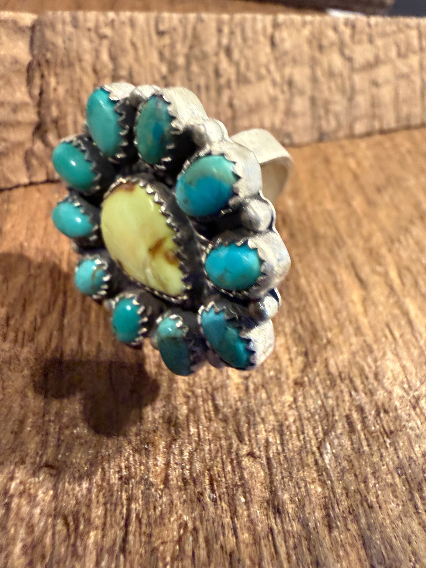 Kingman Turquoise and Paloma Turquoise Cluster Adjustable Ring Wild West Boho
