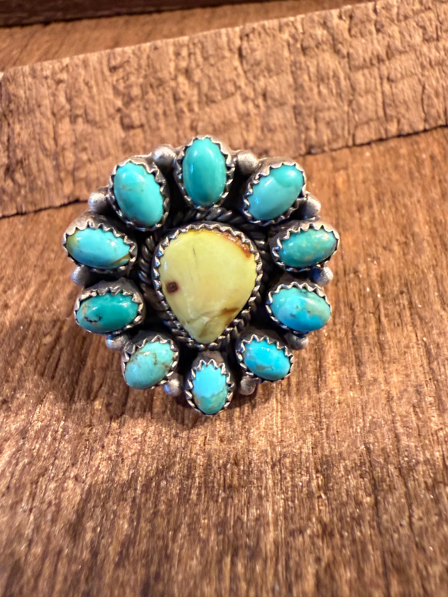 Kingman Turquoise and Paloma Turquoise Cluster Adjustable Ring Wild West Boho