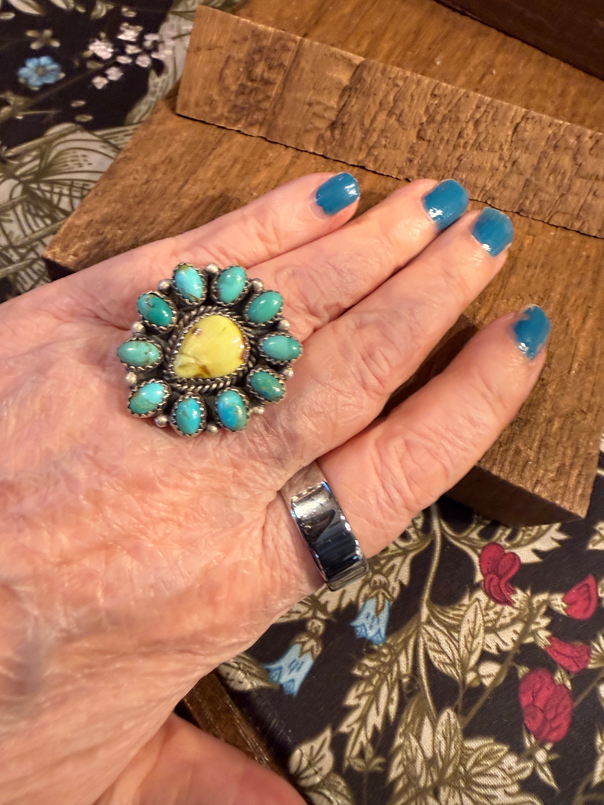 Kingman Turquoise and Paloma Turquoise Cluster Adjustable Ring Wild West Boho