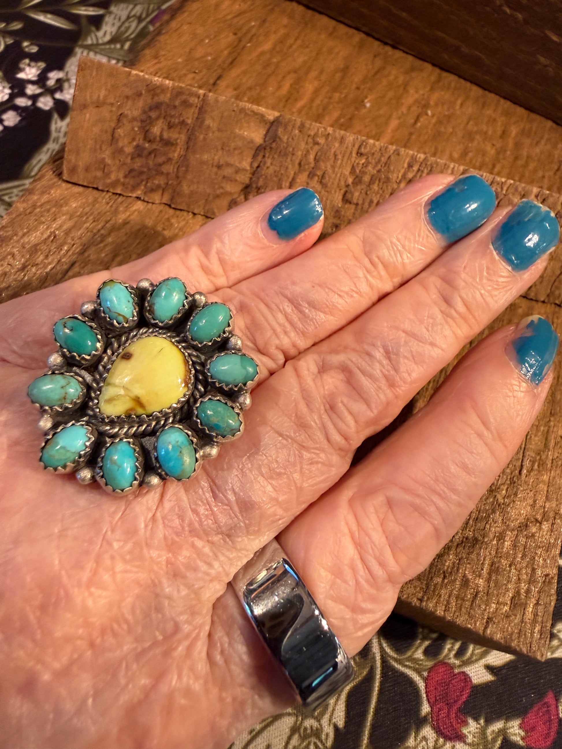 Kingman Turquoise and Paloma Turquoise Cluster Adjustable Ring Wild West Boho