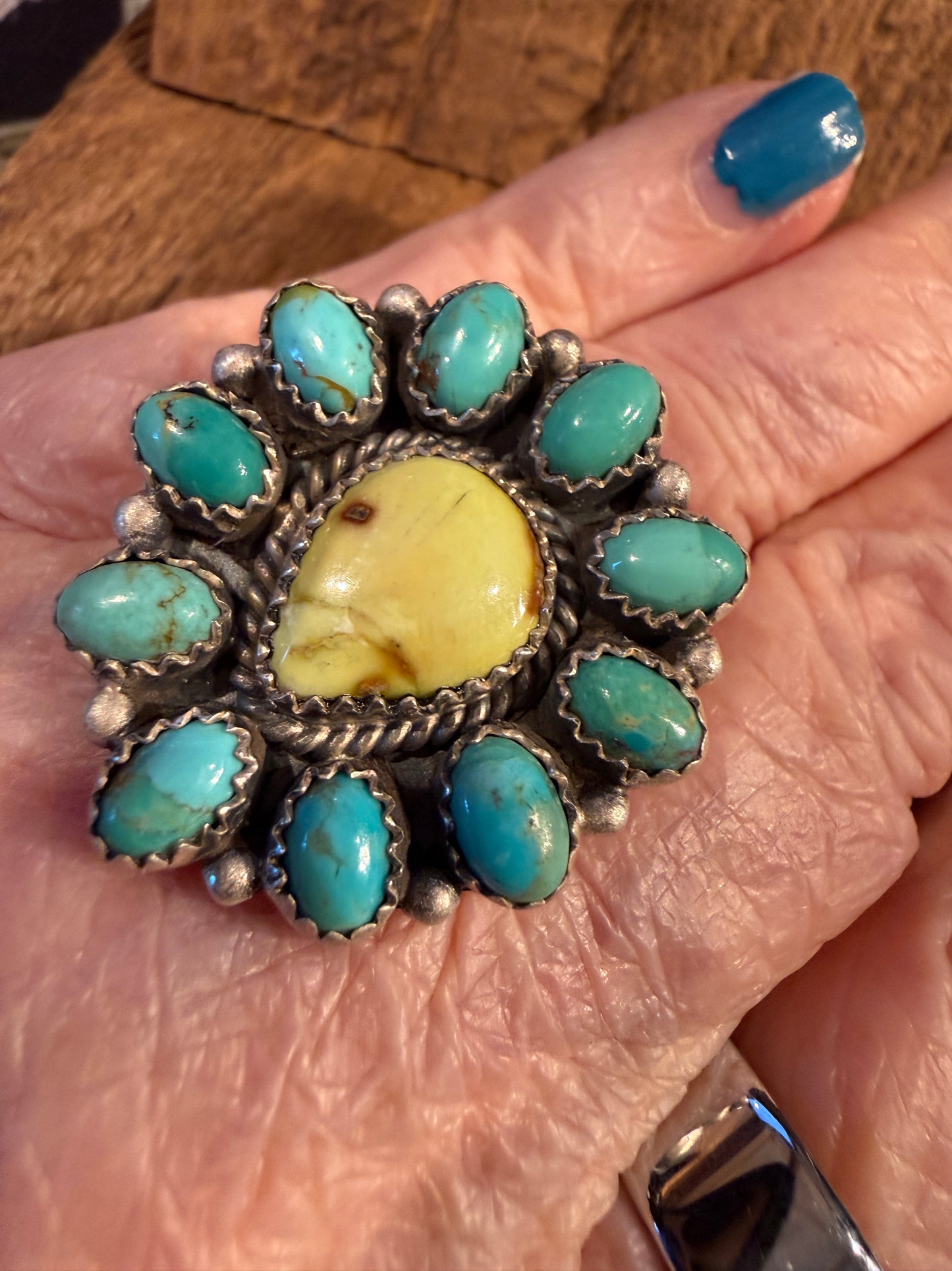 Kingman Turquoise and Paloma Turquoise Cluster Adjustable Ring Wild West Boho