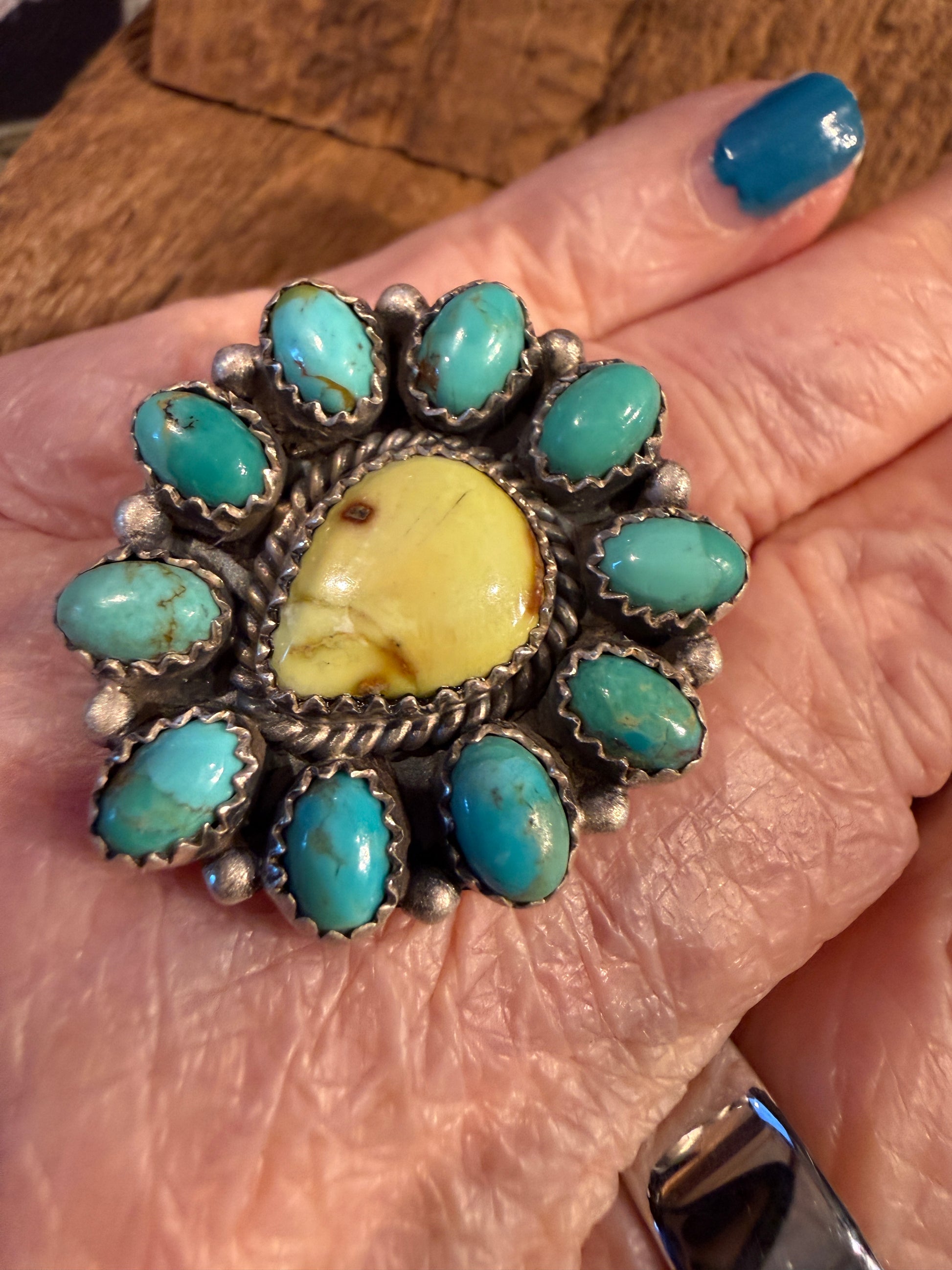 Kingman Turquoise and Paloma Turquoise Cluster Adjustable Ring Wild West Boho