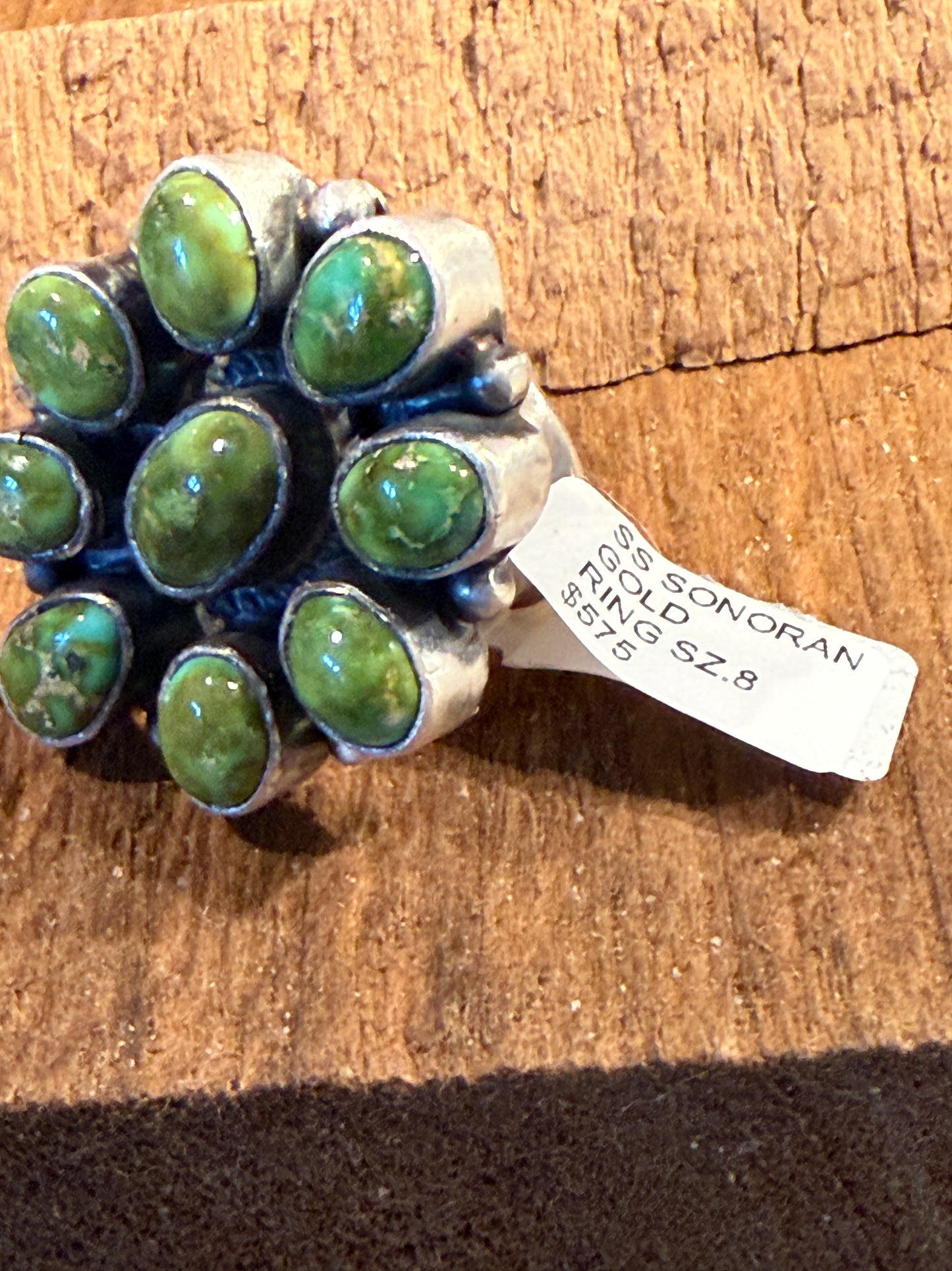 Native Handmade Shirley Henry Signed Sonoran Gold Turquoise Ring Size 8 Wild West Boho