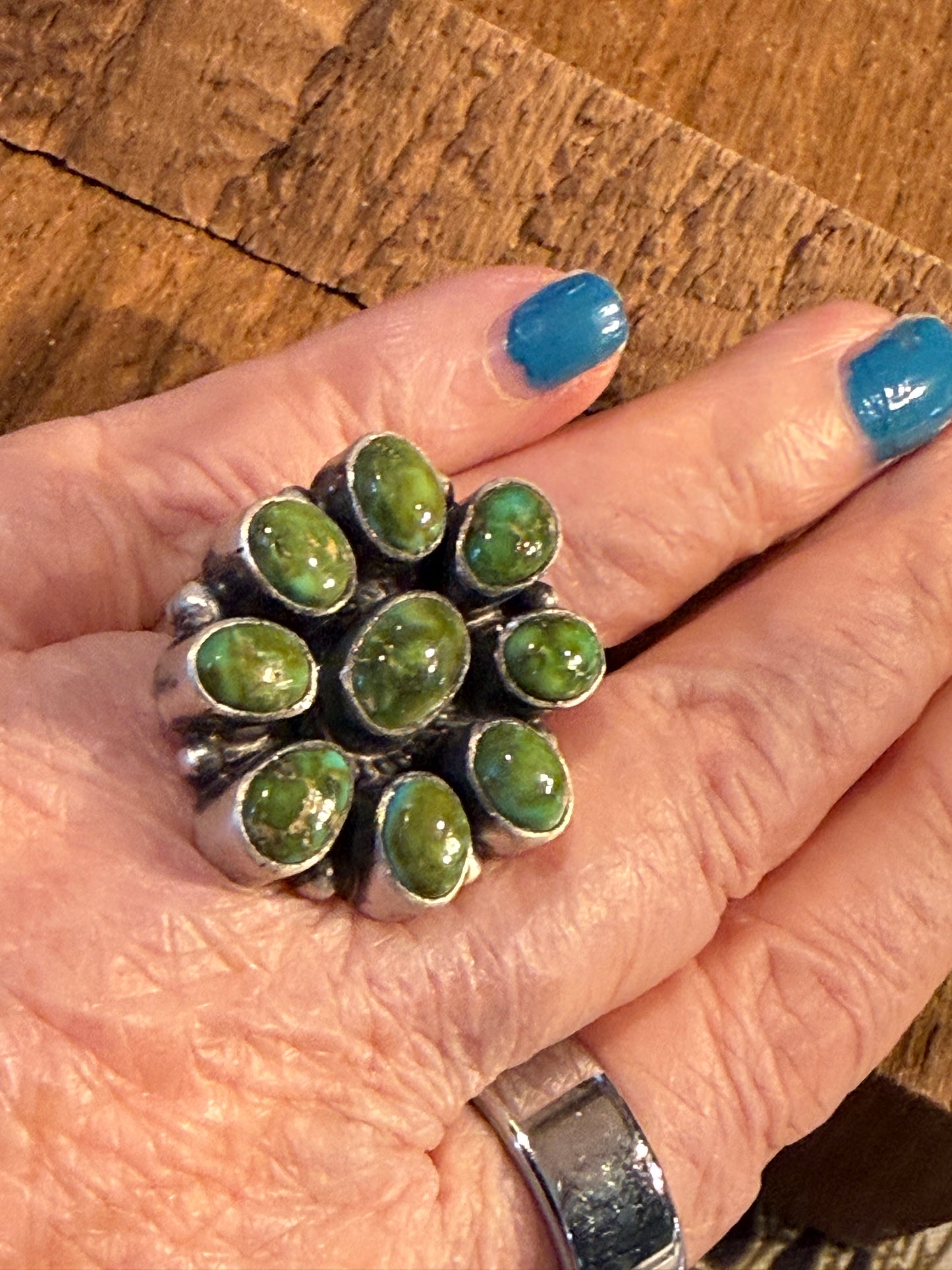 Native Handmade Shirley Henry Signed Sonoran Gold Turquoise Ring Size 8 Wild West Boho