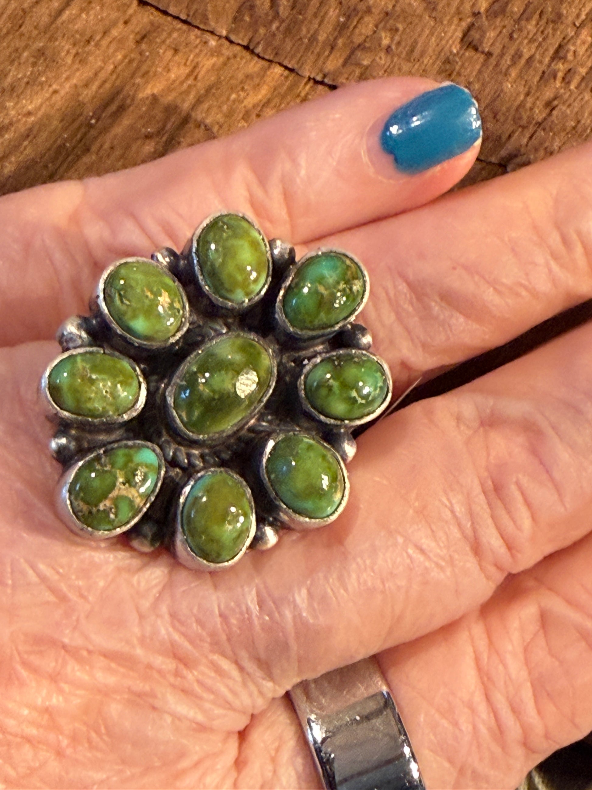Native Handmade Shirley Henry Signed Sonoran Gold Turquoise Ring Size 8 Wild West Boho
