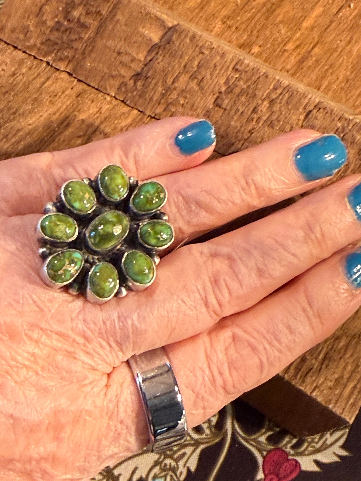 Native Handmade Shirley Henry Signed Sonoran Gold Turquoise Ring Size 8 Wild West Boho