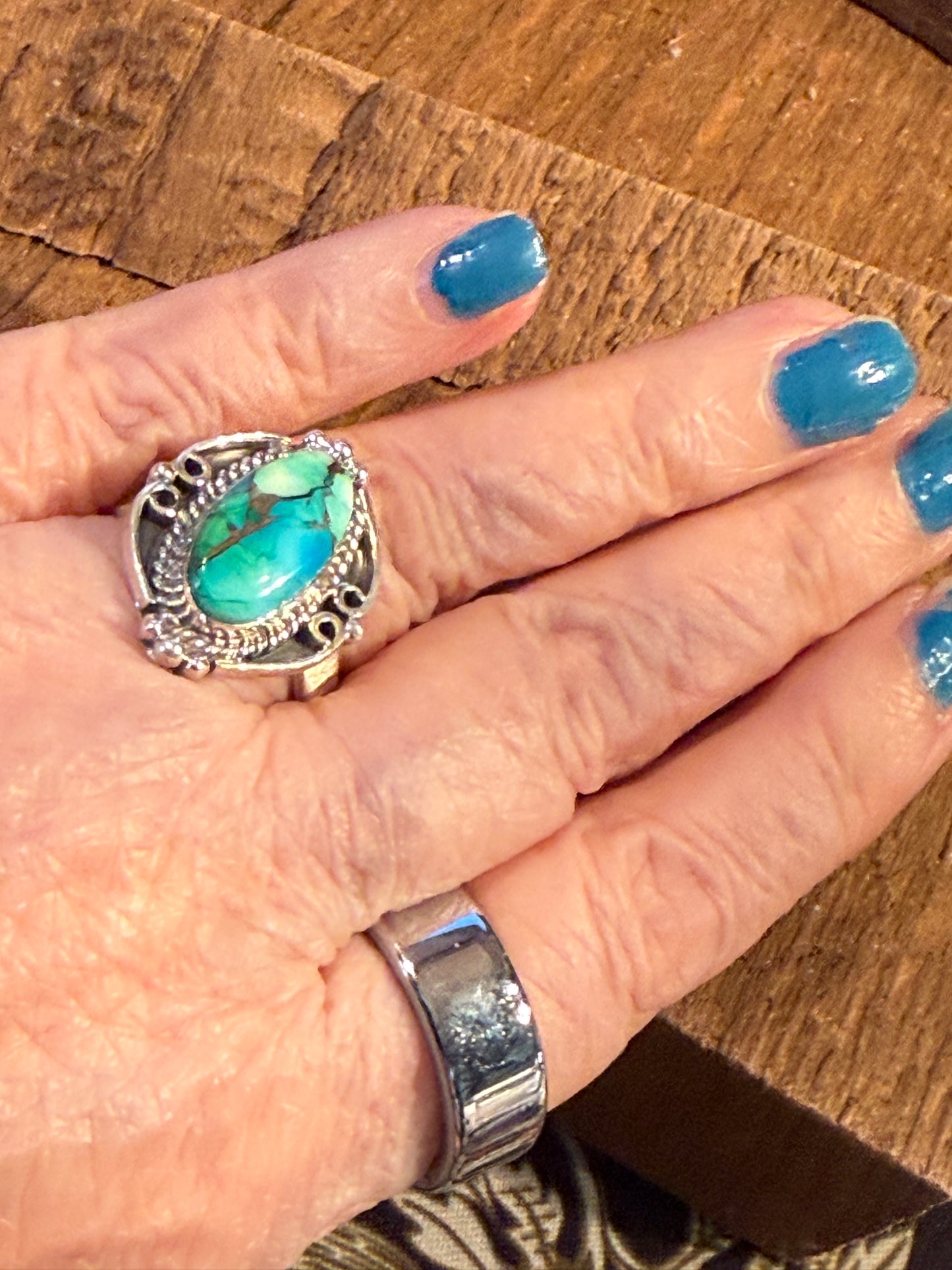 Blue Dahlia Turquoise Sterling Silver Ring Adjustable Wild West Boho