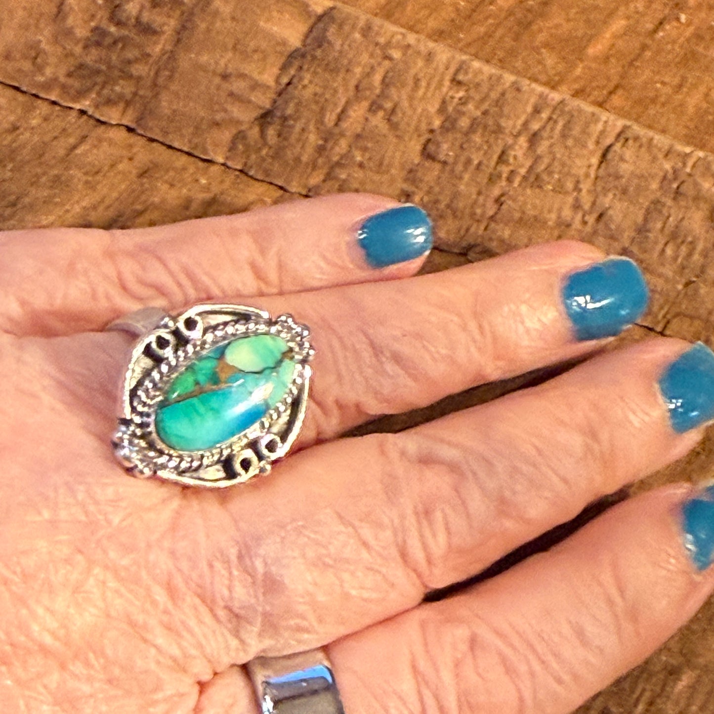 Blue Dahlia Turquoise Sterling Silver Ring Adjustable Wild West Boho
