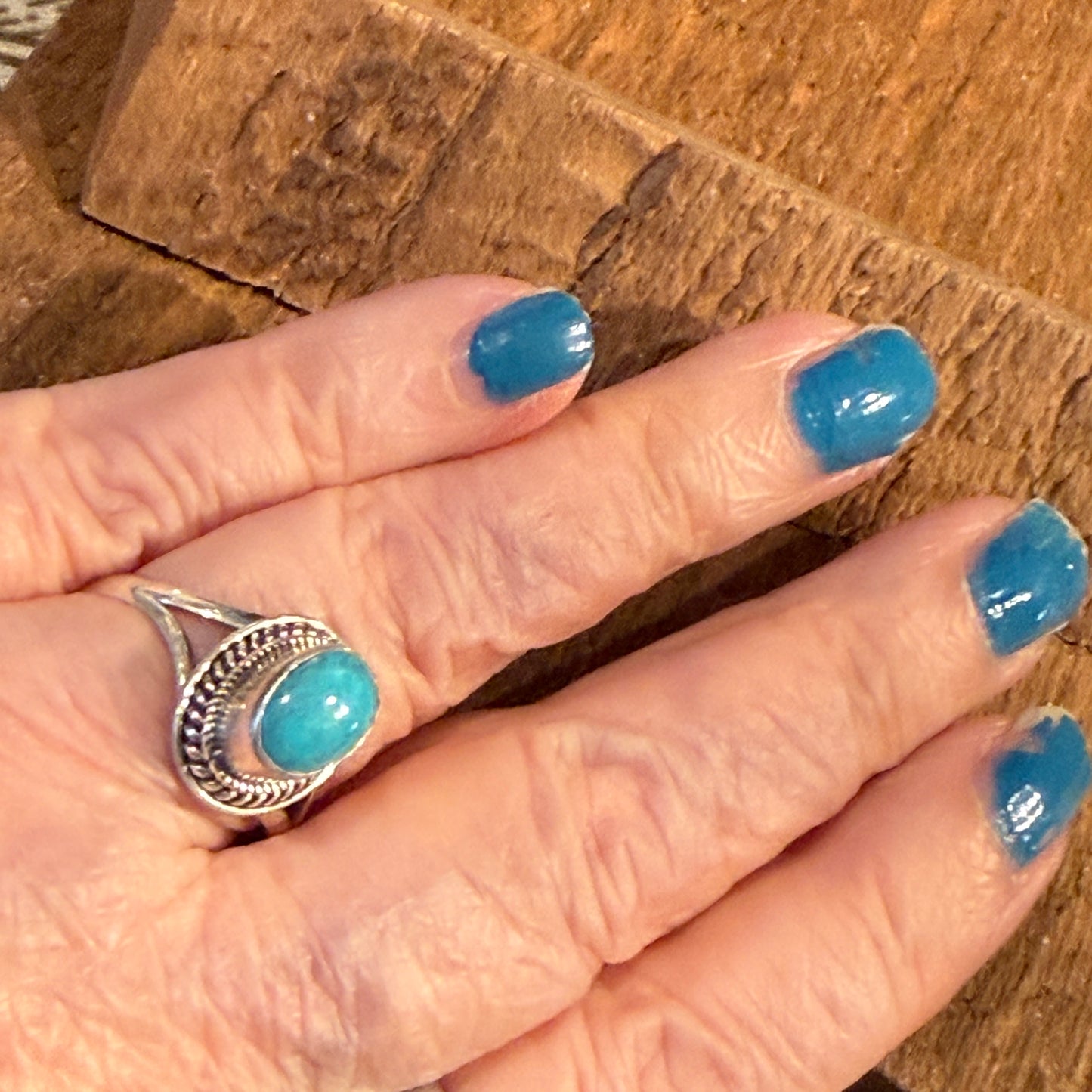 Kingman Turquoise Gemstone Adjustable Ring in Sterling Silver Wild West Boho