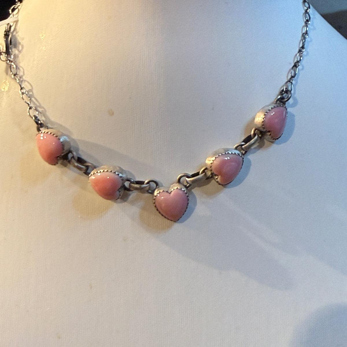 Queen Pink Conch Turquoise 14 Inch Heart Choker Necklace in Sterling Silver Wild West Boho