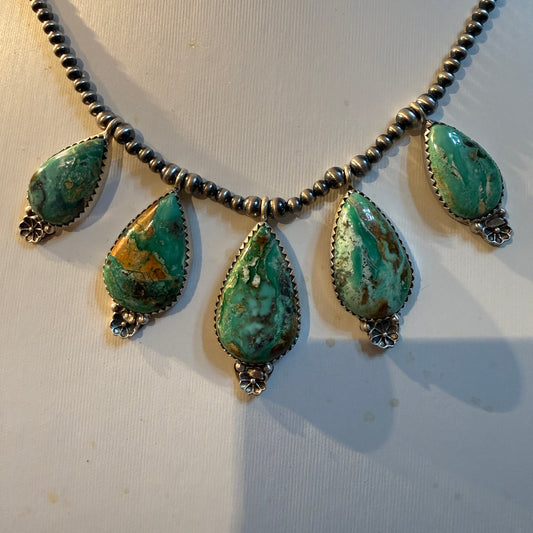 Mantis Turquoise Gemstone 3mm Desert Pearl 16 Inch Choker Necklace Sterling Silver Wild West Boho