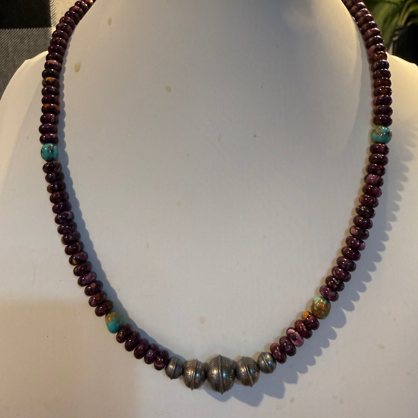Navaho Handmade Kimberly Thom Purple Spiny and Turquoise Sterling Silver Bead Necklace 18 Inch Wild West Boho
