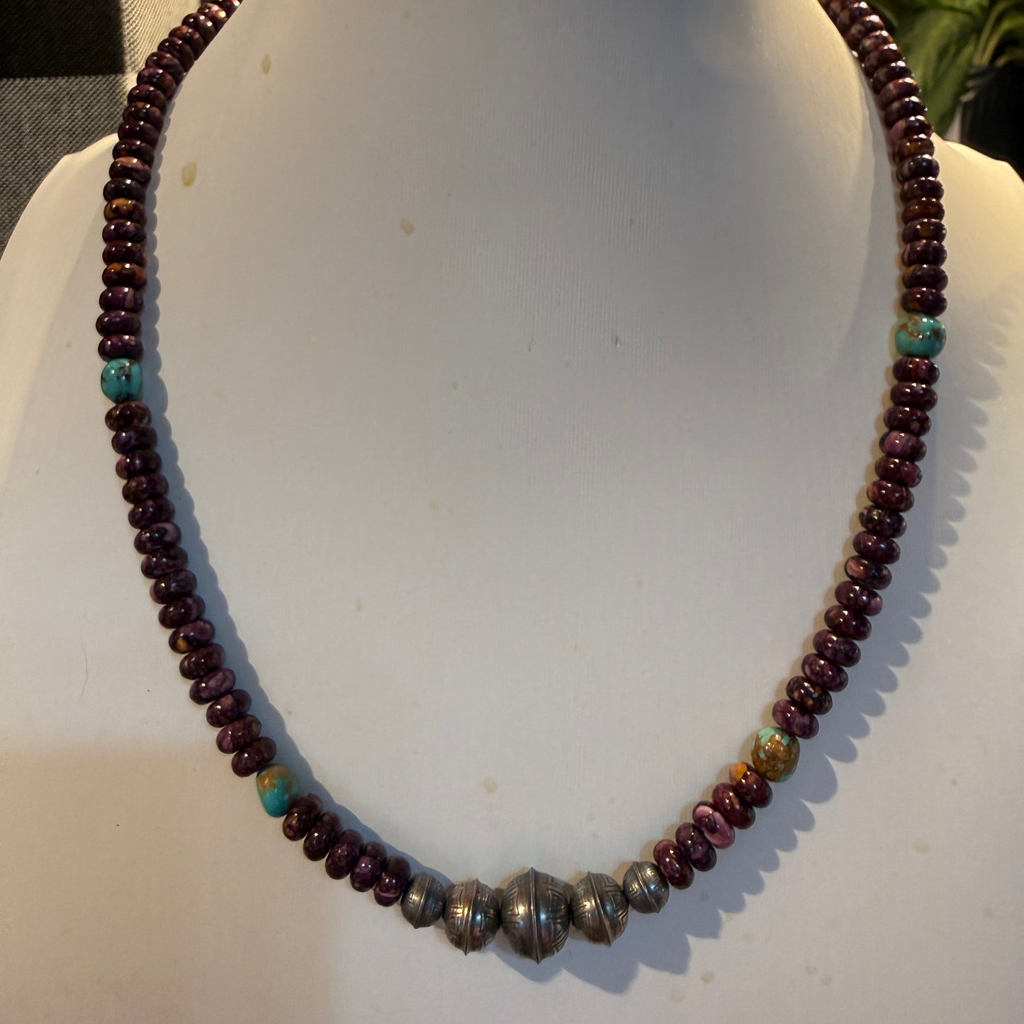 Navaho Handmade Kimberly Thom Purple Spiny and Turquoise Sterling Silver Bead Necklace 18 Inch Wild West Boho