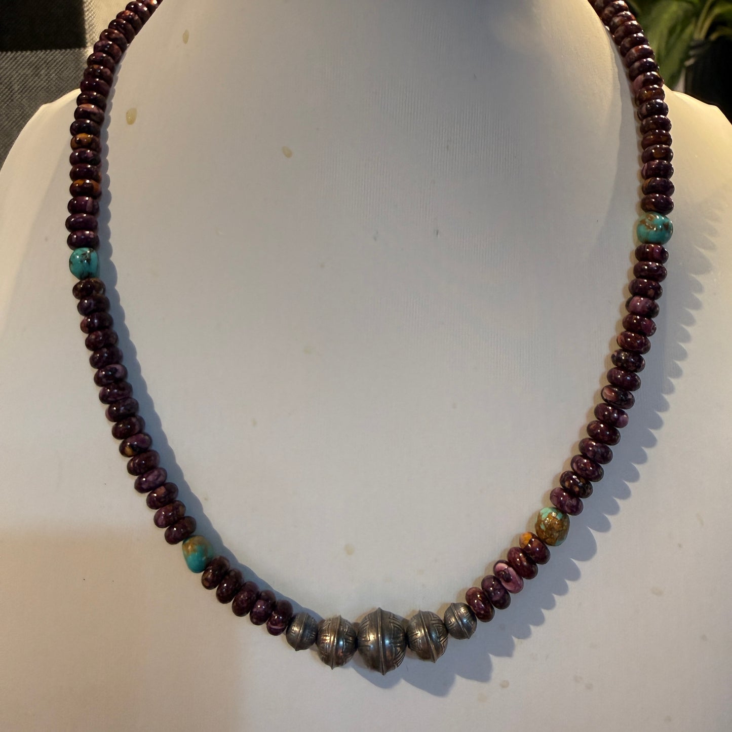 Navaho Handmade Kimberly Thom Purple Spiny and Turquoise Sterling Silver Bead Necklace 18 Inch Wild West Boho
