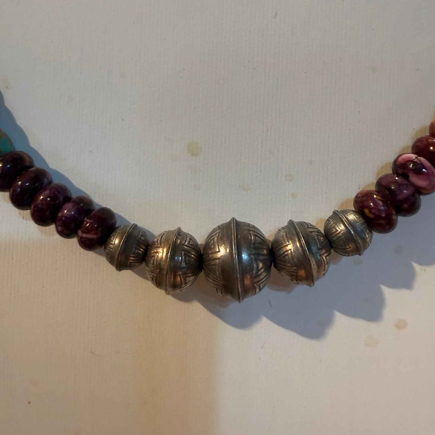 Navaho Handmade Kimberly Thom Purple Spiny and Turquoise Sterling Silver Bead Necklace 18 Inch Wild West Boho