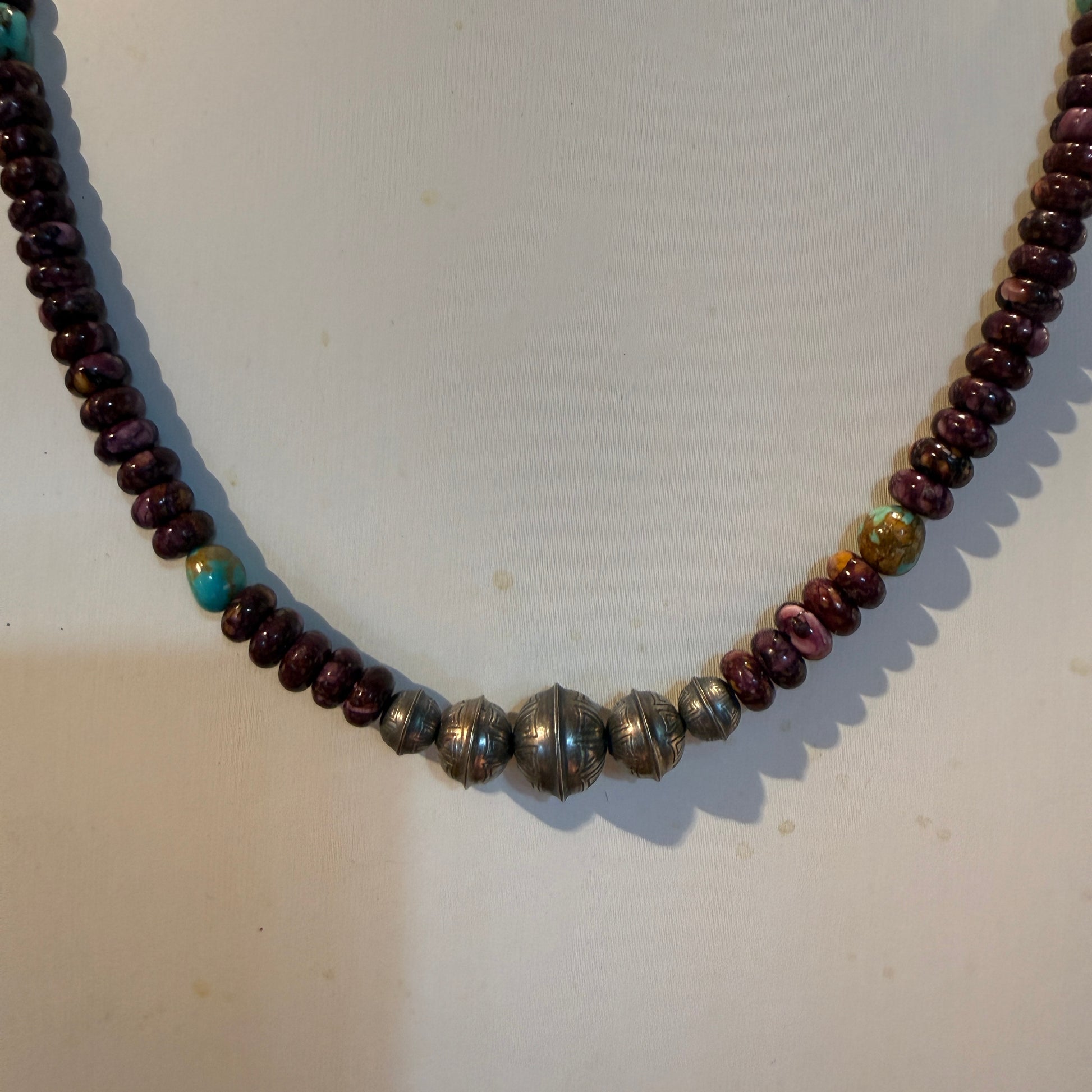 Navaho Handmade Kimberly Thom Purple Spiny and Turquoise Sterling Silver Bead Necklace 18 Inch Wild West Boho
