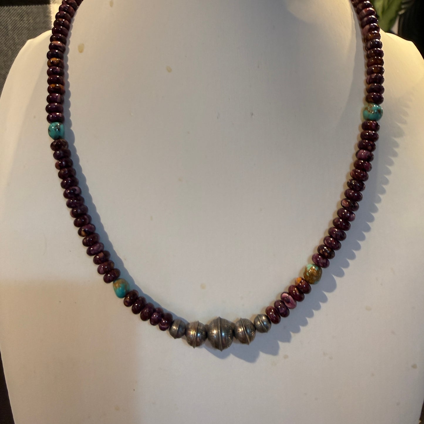 Navaho Handmade Kimberly Thom Purple Spiny and Turquoise Sterling Silver Bead Necklace 18 Inch Wild West Boho