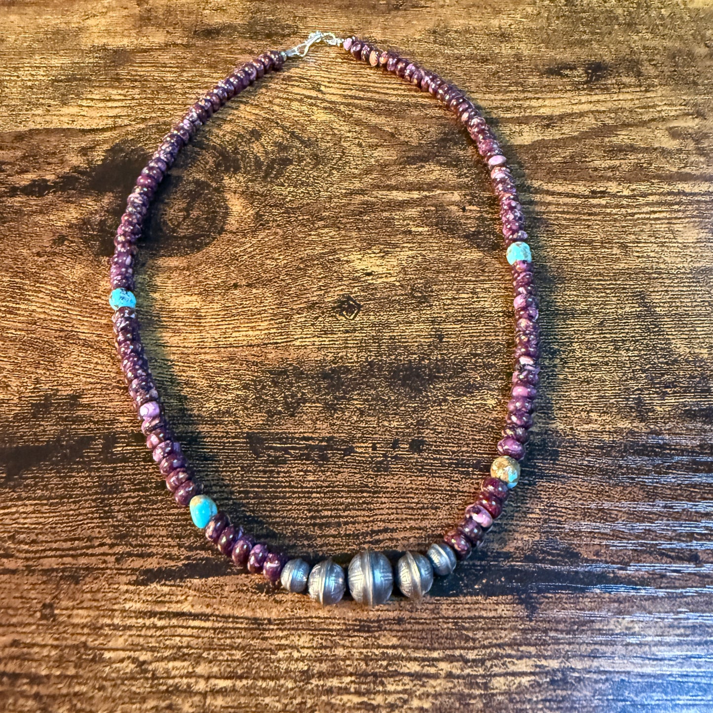 Navaho Handmade Kimberly Thom Purple Spiny and Turquoise Sterling Silver Bead Necklace 18 Inch Wild West Boho