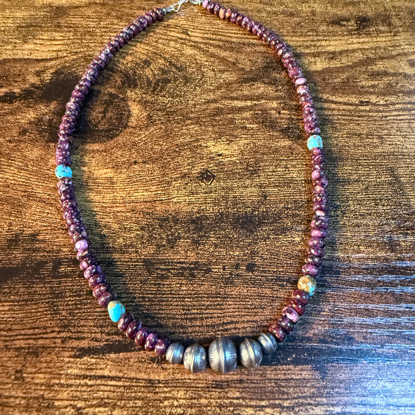 Navaho Handmade Kimberly Thom Purple Spiny and Turquoise Sterling Silver Bead Necklace 18 Inch Wild West Boho