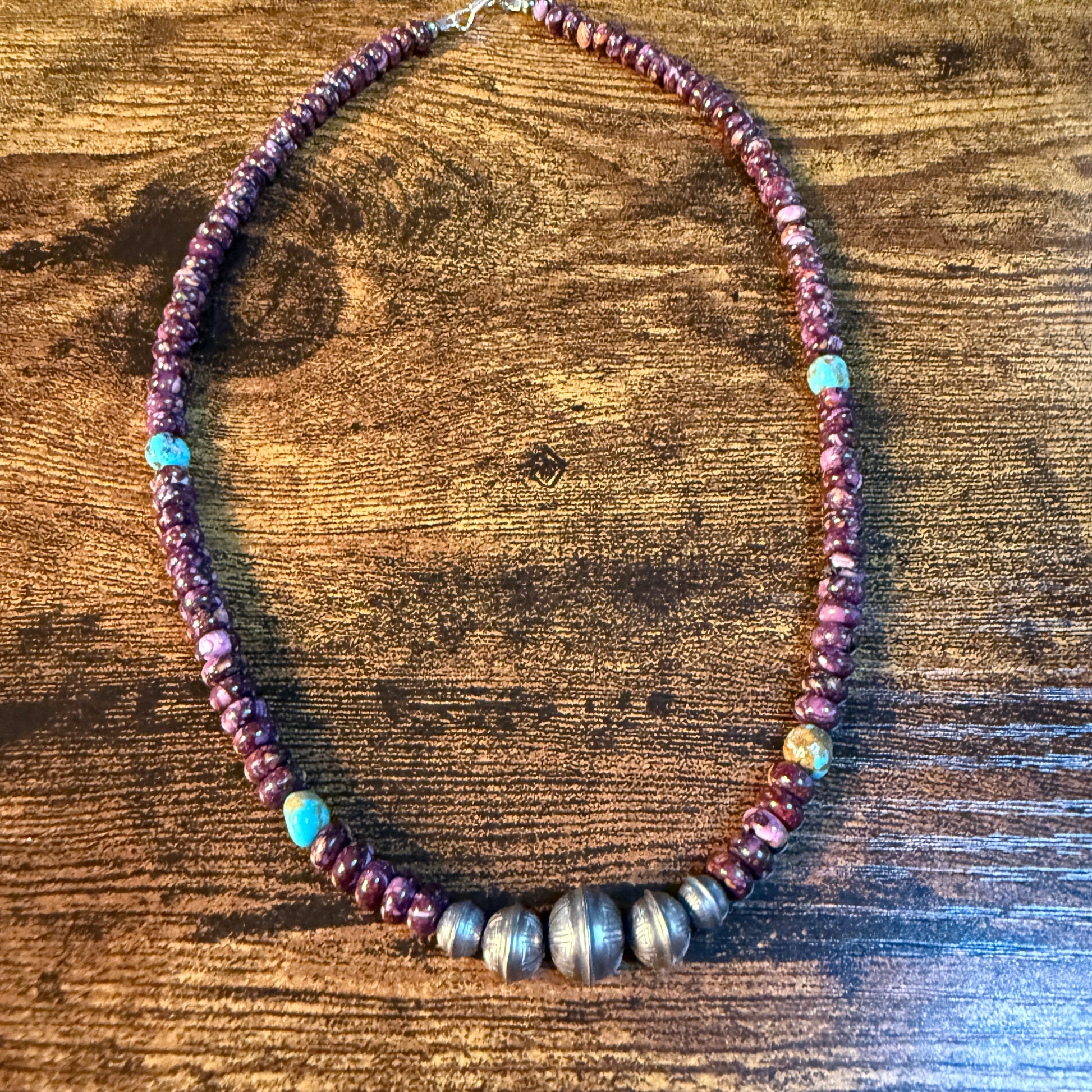 Navaho Handmade Kimberly Thom Purple Spiny and Turquoise Sterling Silver Bead Necklace 18 Inch Wild West Boho