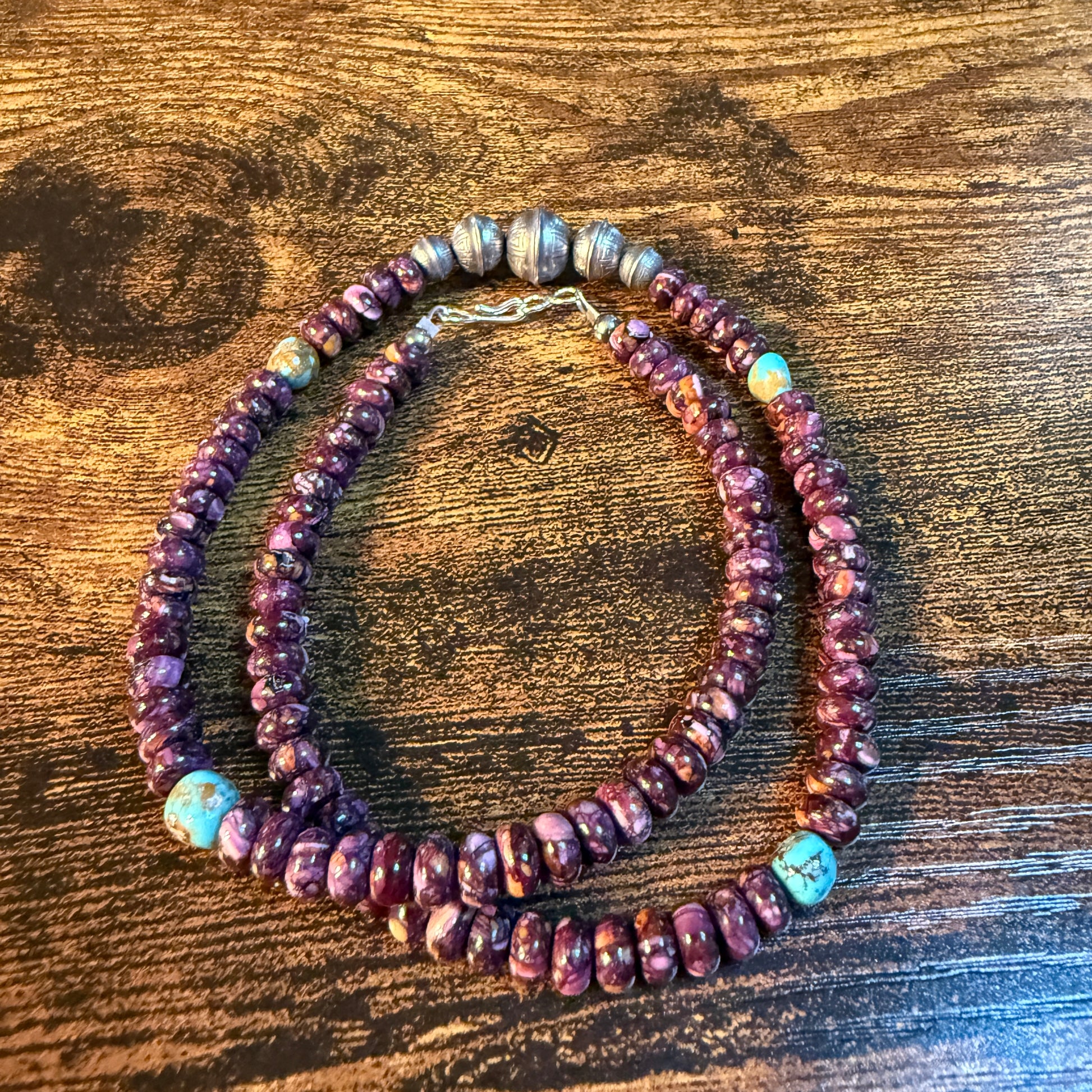 Navaho Handmade Kimberly Thom Purple Spiny and Turquoise Sterling Silver Bead Necklace 18 Inch Wild West Boho