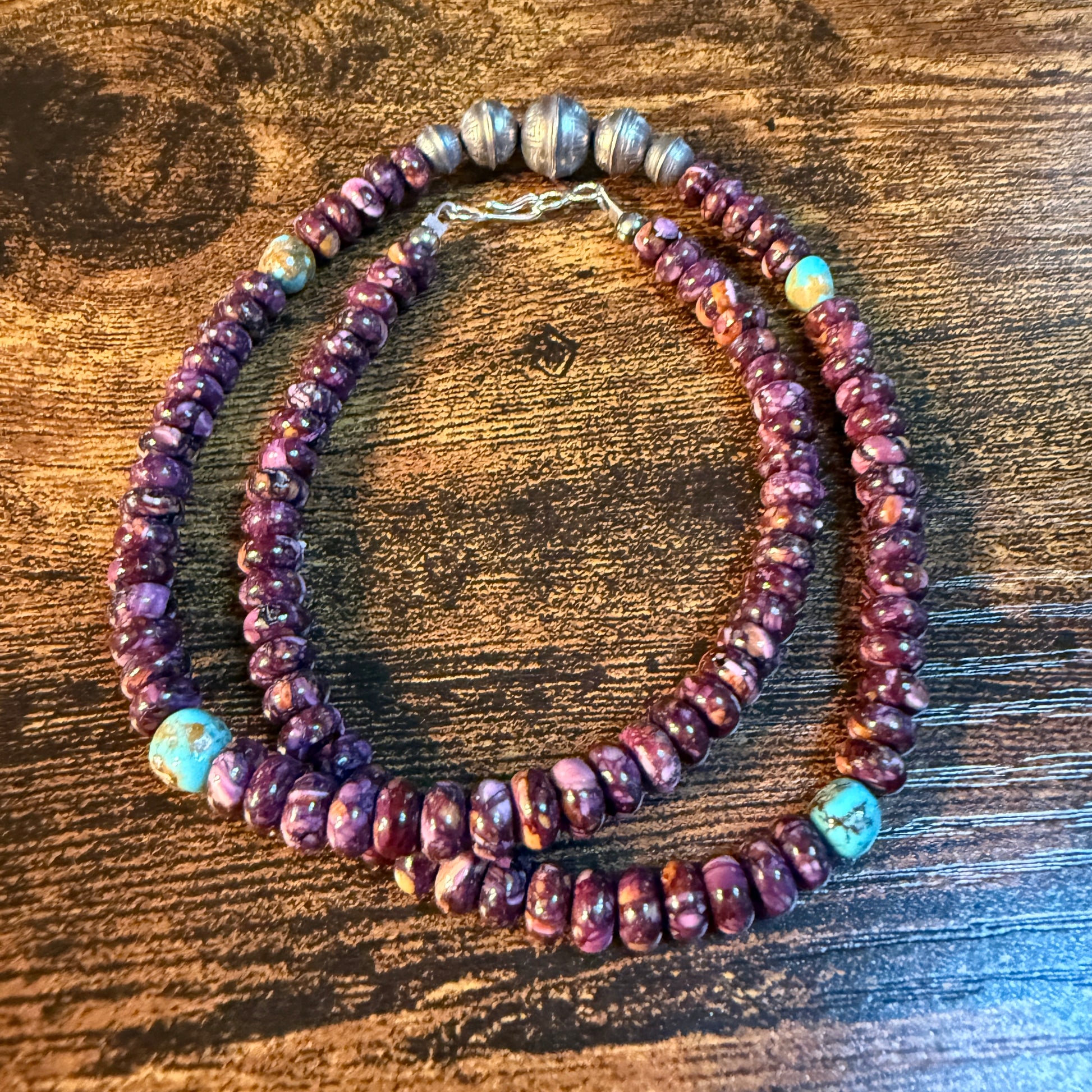 Navaho Handmade Kimberly Thom Purple Spiny and Turquoise Sterling Silver Bead Necklace 18 Inch Wild West Boho