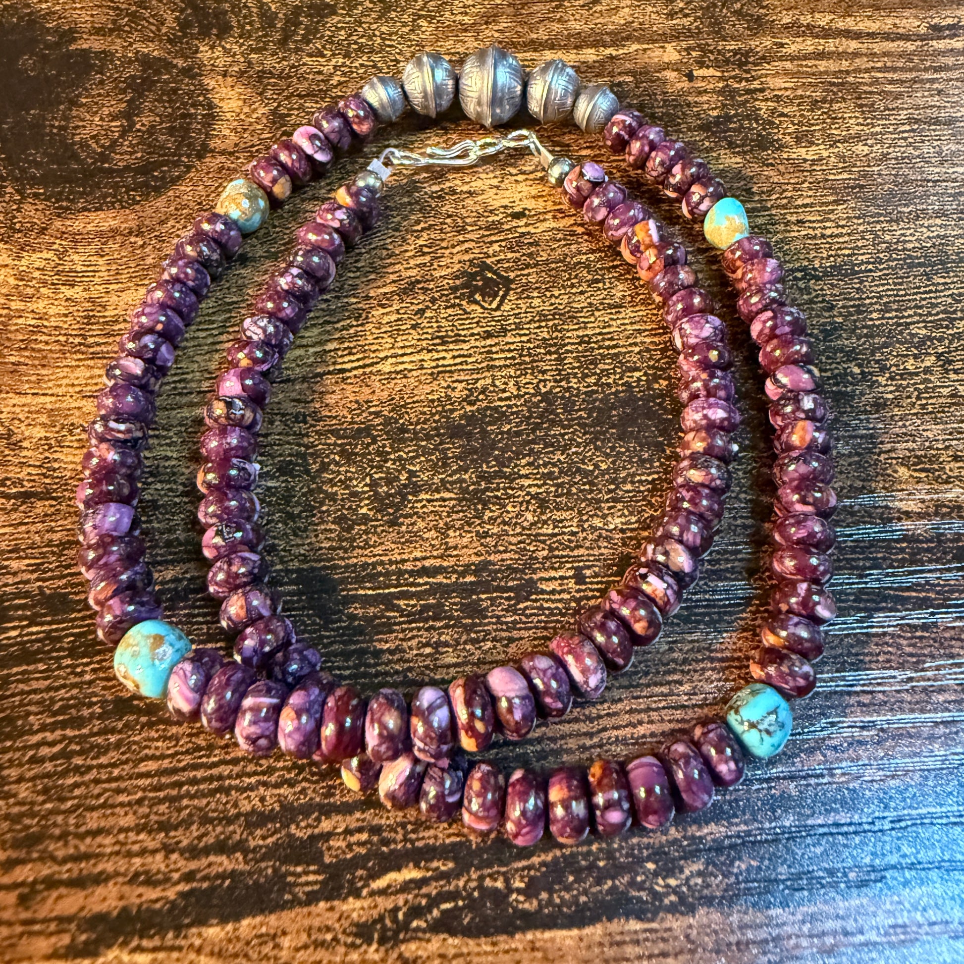 Navaho Handmade Kimberly Thom Purple Spiny and Turquoise Sterling Silver Bead Necklace 18 Inch Wild West Boho