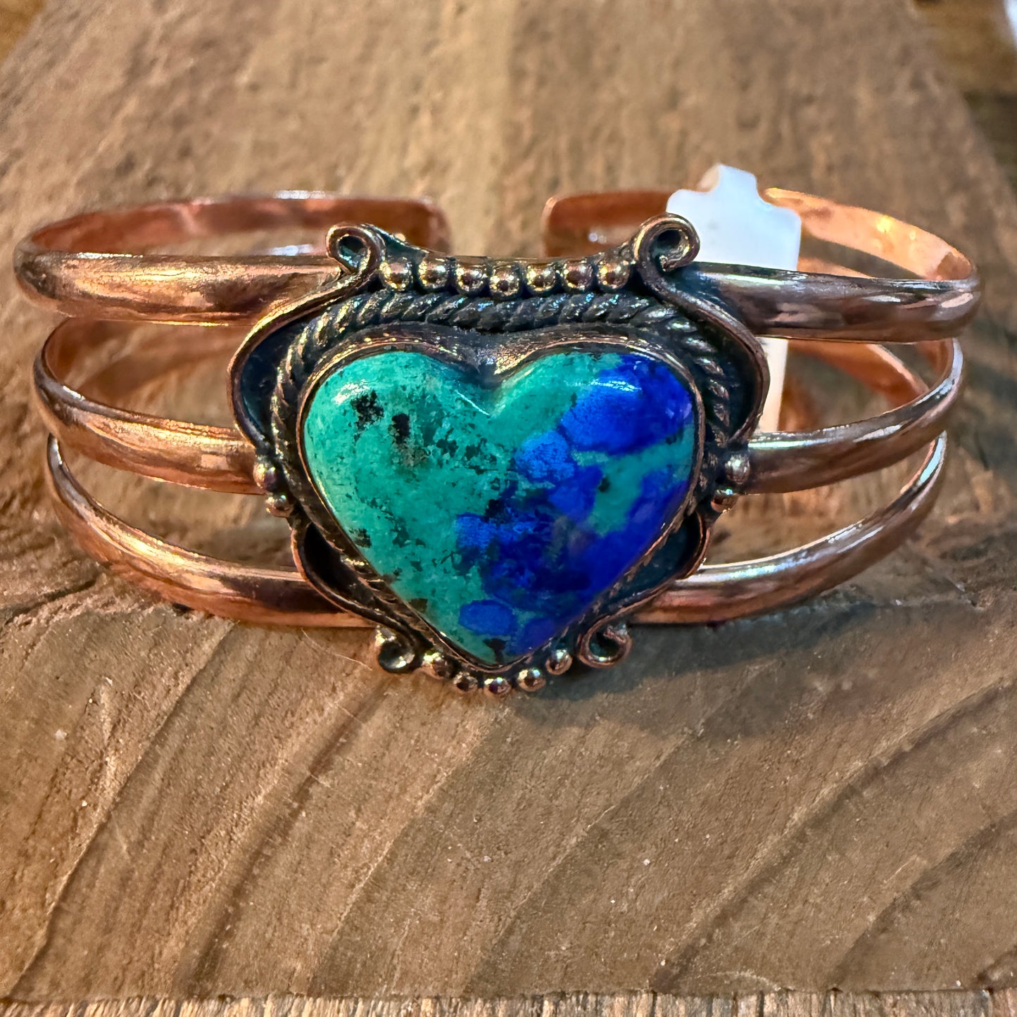 Bluebird Azurite Heart Gemstone Wide Cuff Bangle in Genuine Copper Wild West Boho
