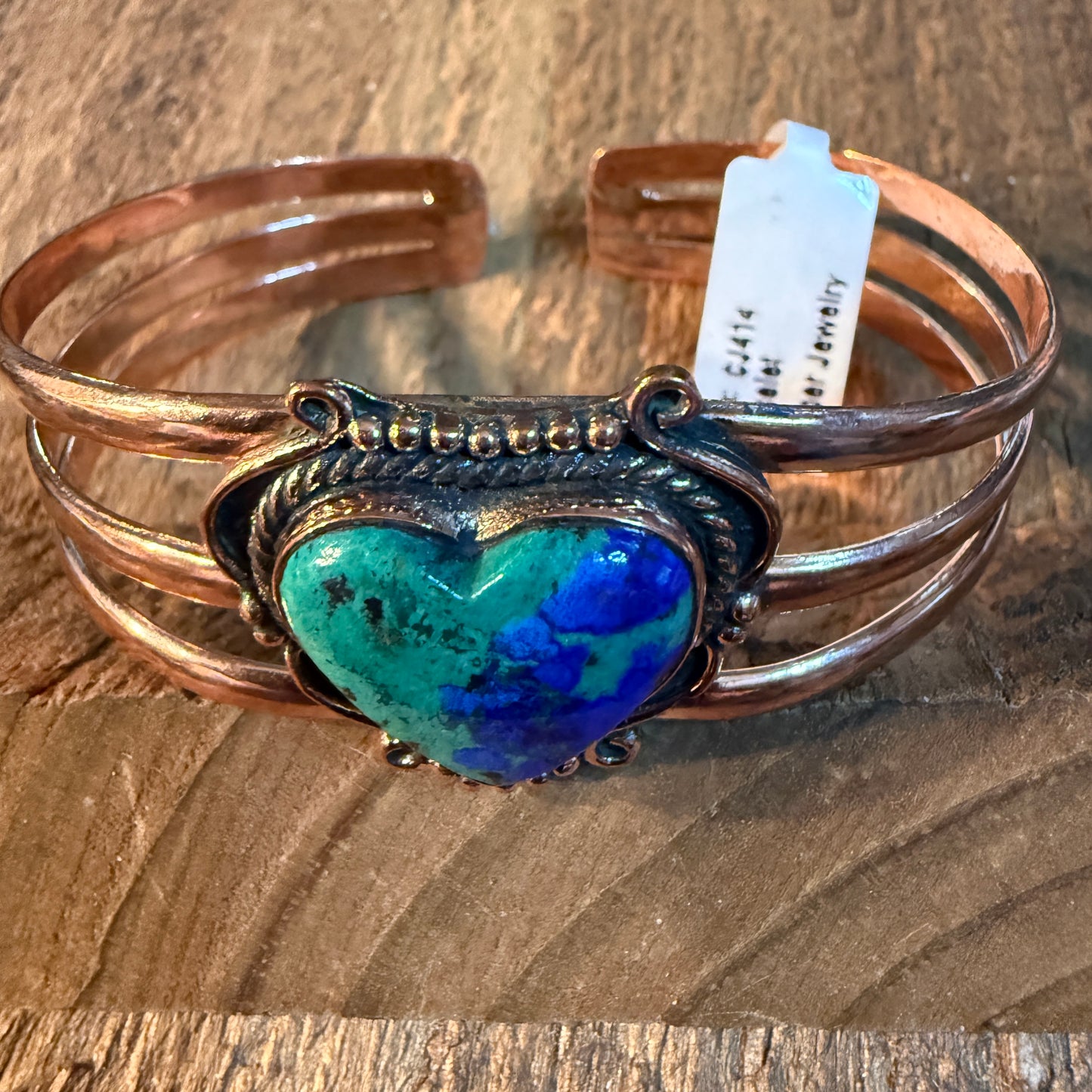 Bluebird Azurite Heart Gemstone Wide Cuff Bangle in Genuine Copper Wild West Boho