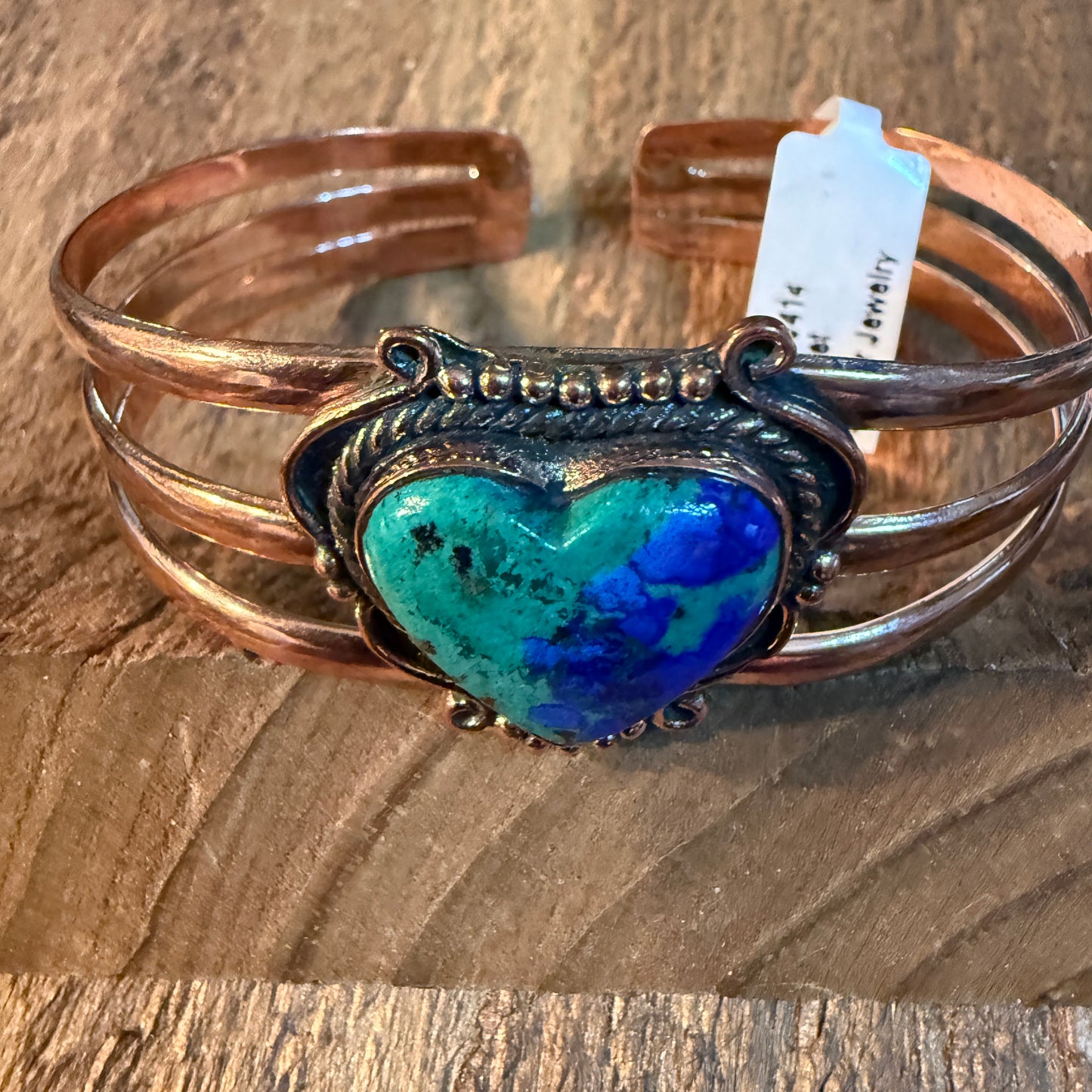 Bluebird Azurite Heart Gemstone Wide Cuff Bangle in Genuine Copper Wild West Boho