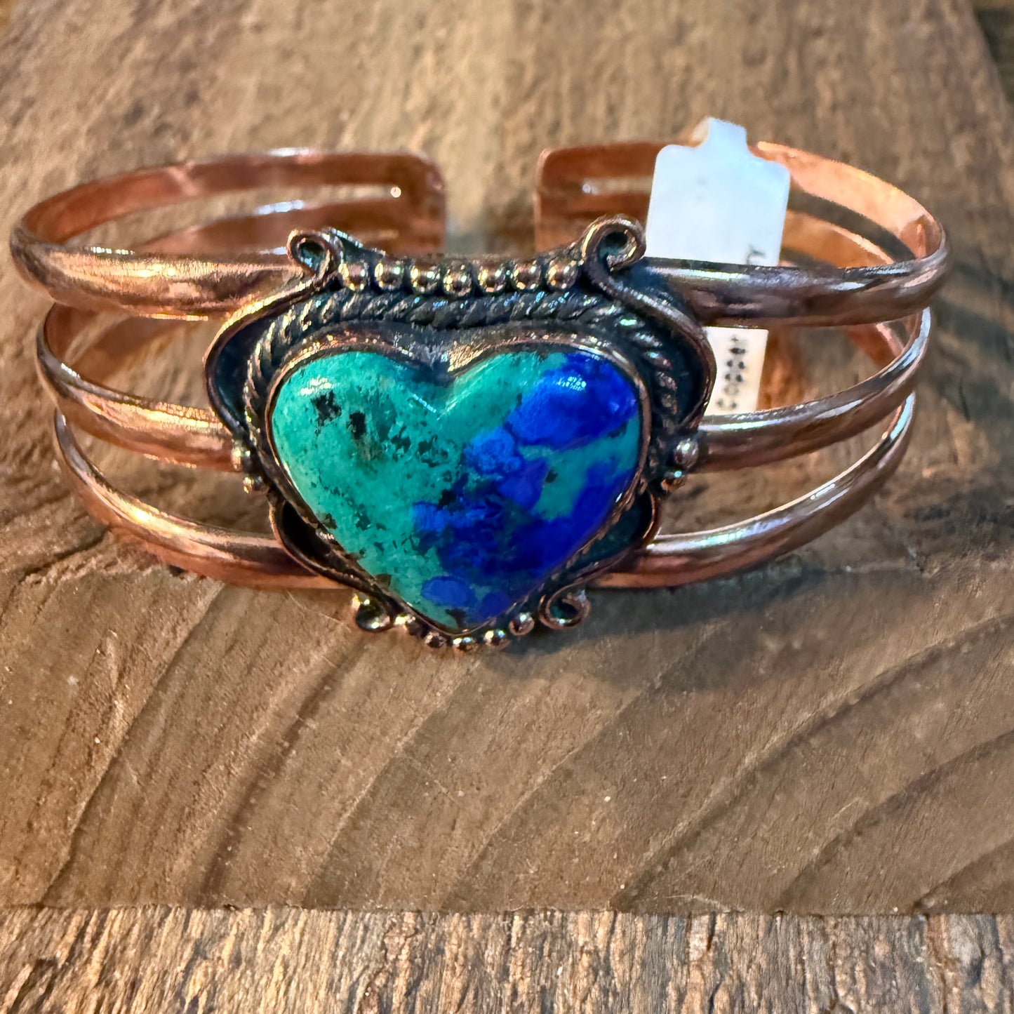 Bluebird Azurite Heart Gemstone Wide Cuff Bangle in Genuine Copper Wild West Boho