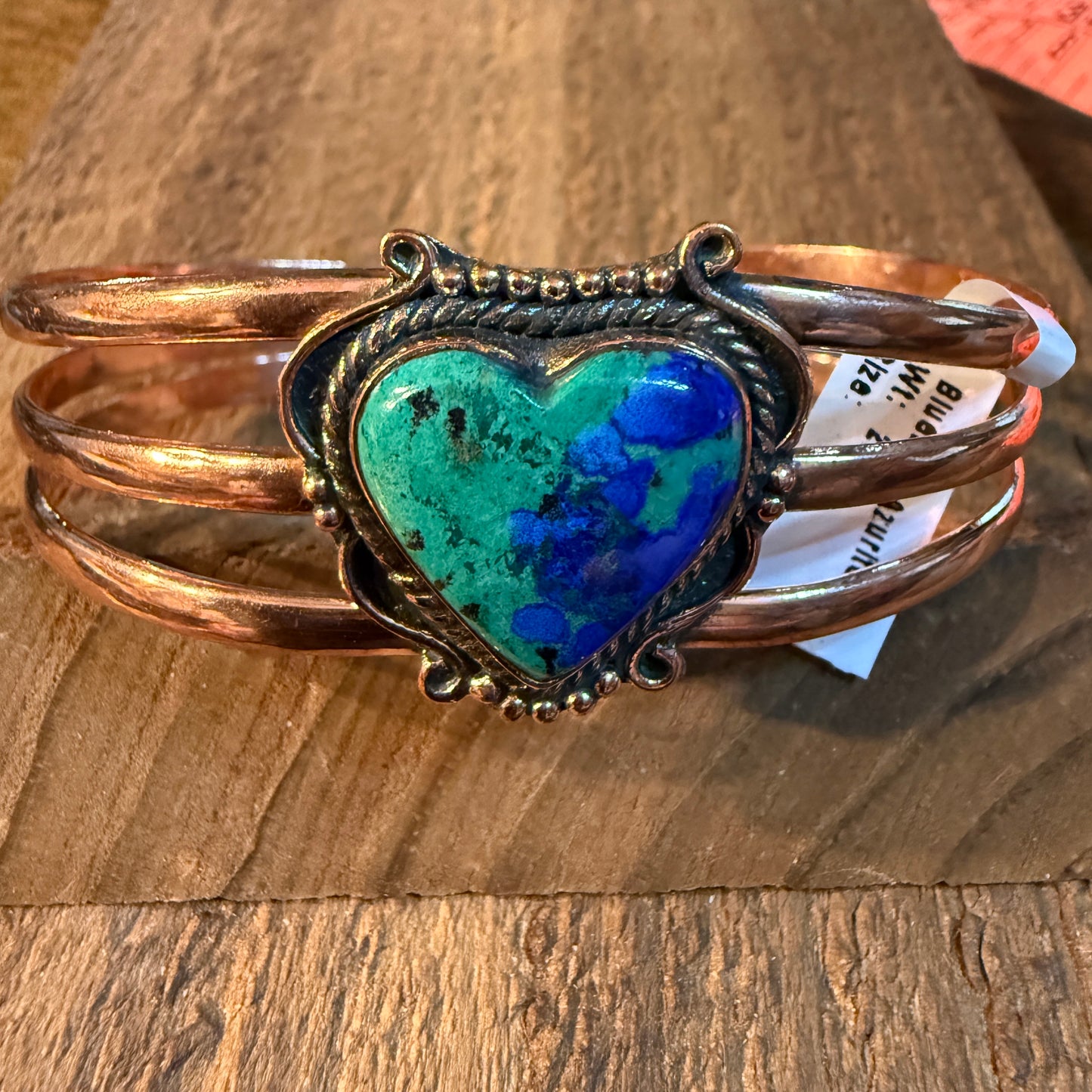 Bluebird Azurite Heart Gemstone Wide Cuff Bangle in Genuine Copper Wild West Boho