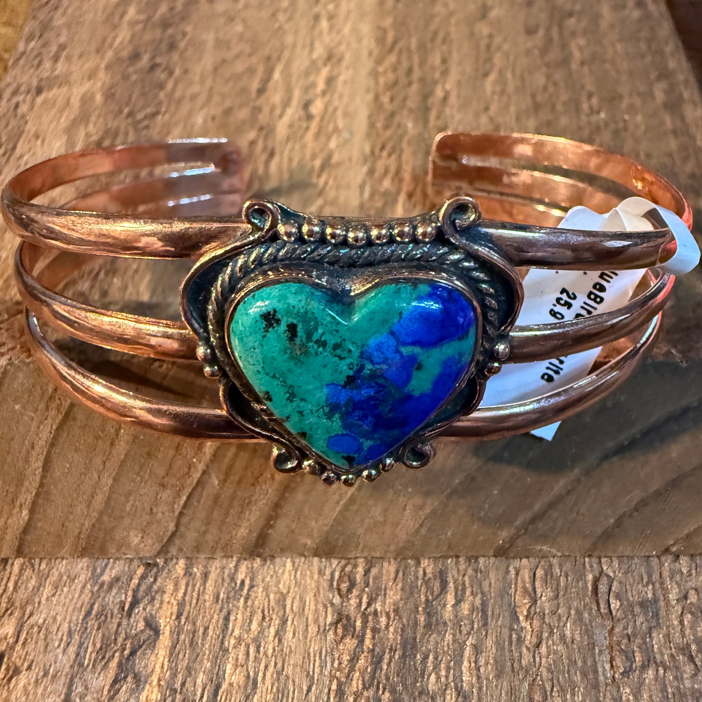 Bluebird Azurite Heart Gemstone Wide Cuff Bangle in Genuine Copper Wild West Boho
