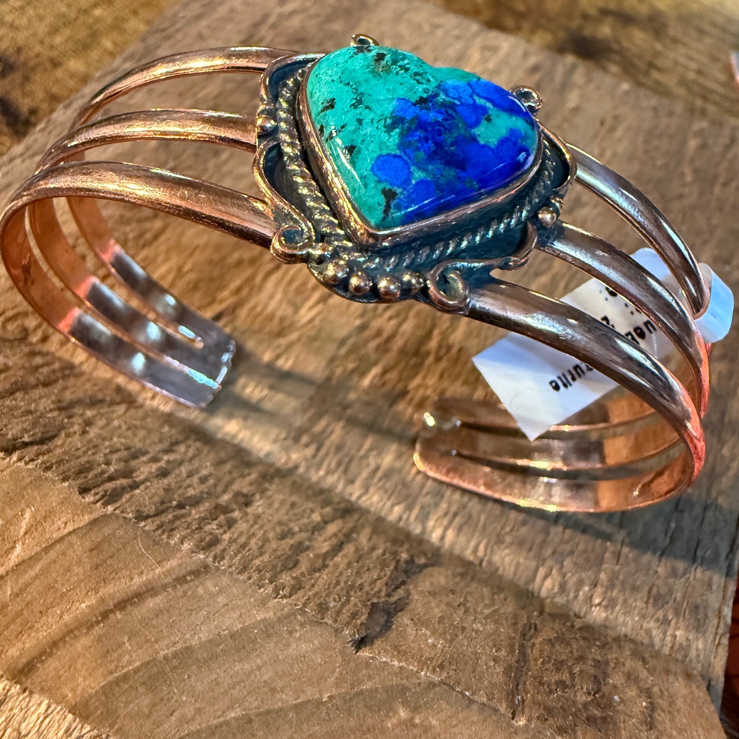 Bluebird Azurite Heart Gemstone Wide Cuff Bangle in Genuine Copper Wild West Boho